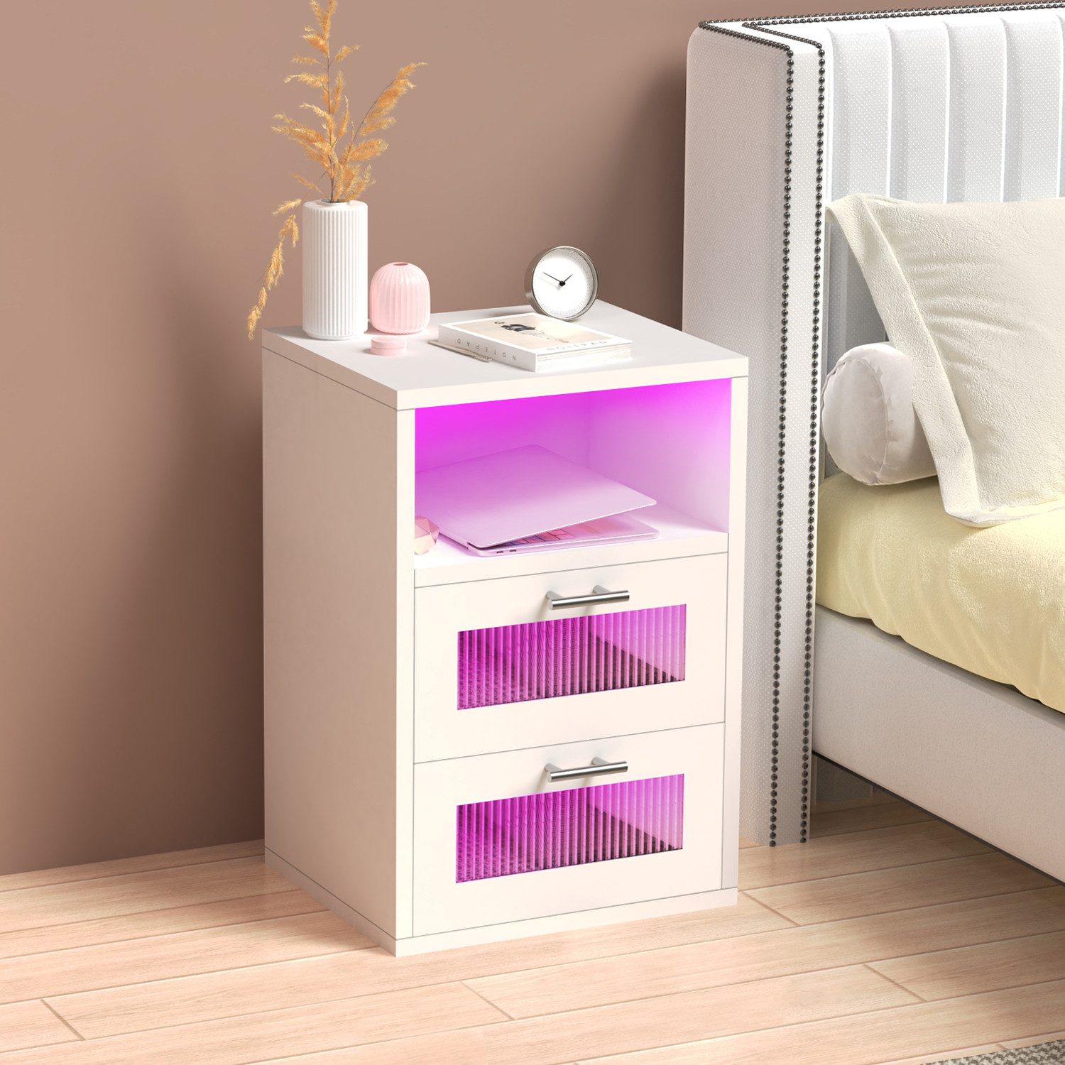 oyajia Nachttisch mit 2/3 Schubladen, Beistelltisch mit Ladestation und LED günstig online kaufen