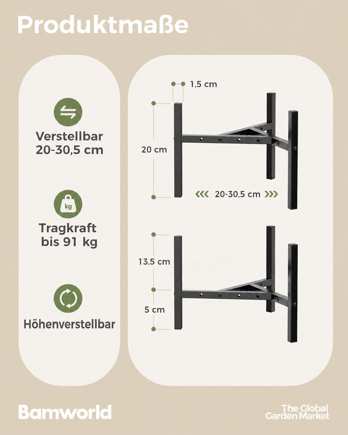 Bamworld Blumenständer wasserfest & sonnenbeständig, Verstellbarer, Schwarz (1 St), Verstellbares Design mit 2 Höhenstufen – Bild 2 von 5