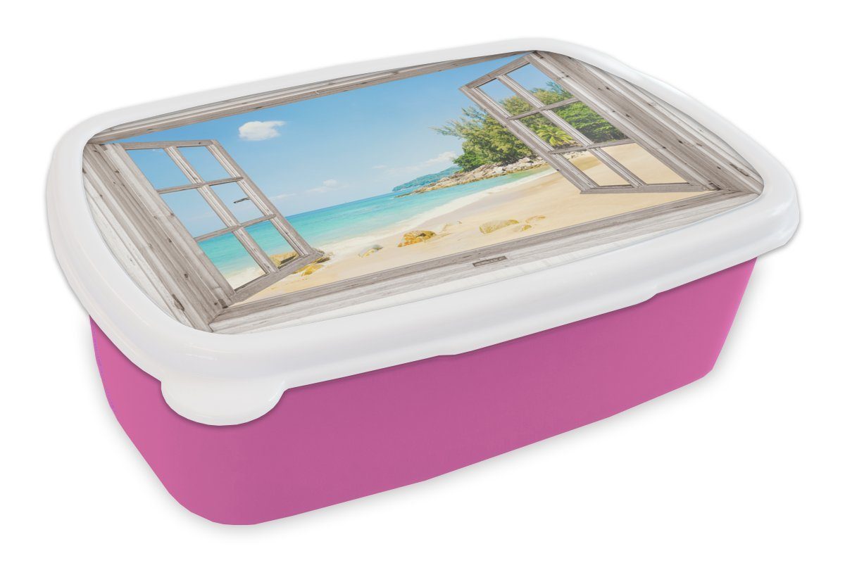 MuchoWow Lunchbox Aussicht - Strand - Sand, Kunststoff, (2-tlg), Brotbox für Erwachsene, Brotdose Kinder, Snackbox, Mädchen, Kunststoff rosa