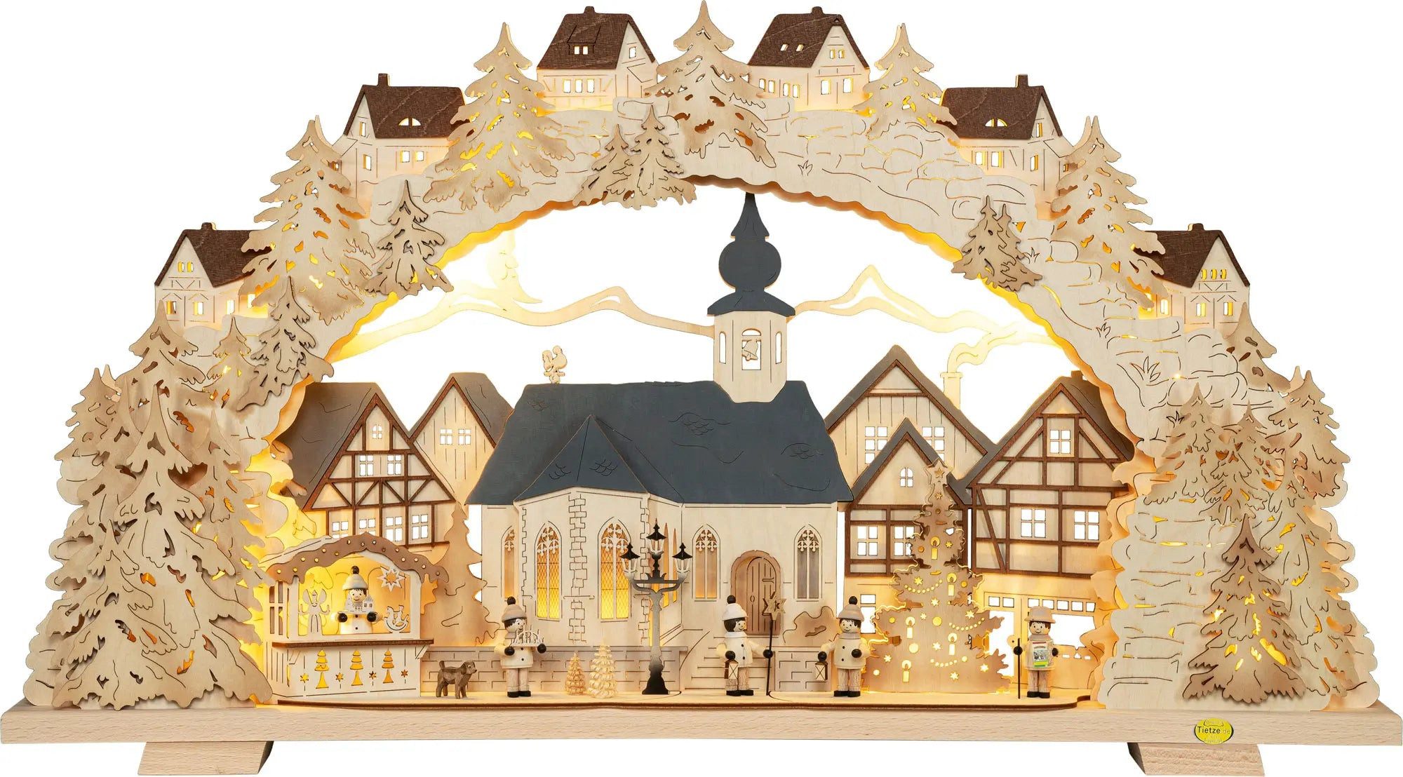 Tietze Erzgebirgsdesign LED Schwibbogen Advent Figuren beleuchtete Kirche, 70x39x7,5 cm (BxHxT)