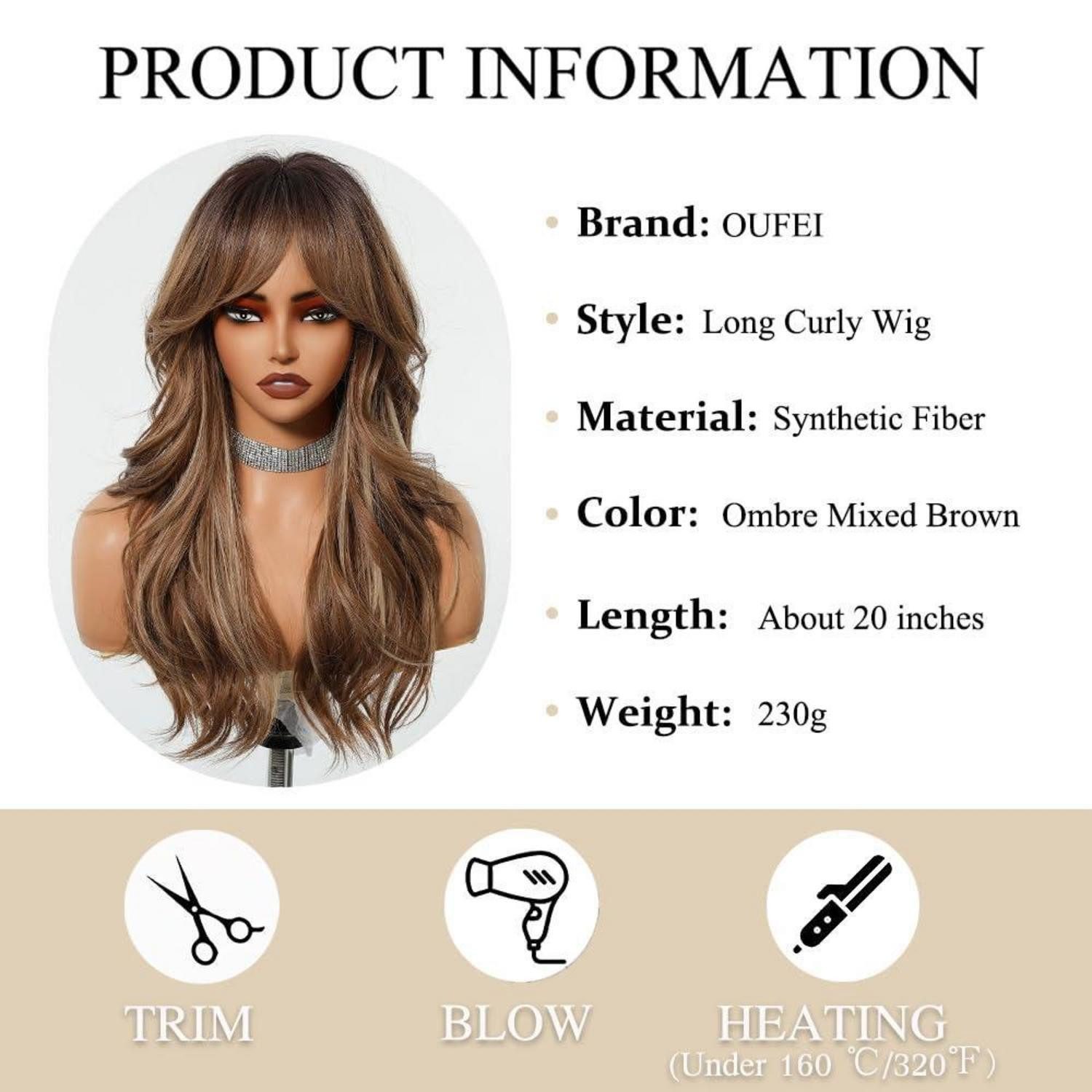 LuxusKollektion Kunsthaarperücke Lange Ombre Gemischte Braun Synthetische Perücke mit Pony für