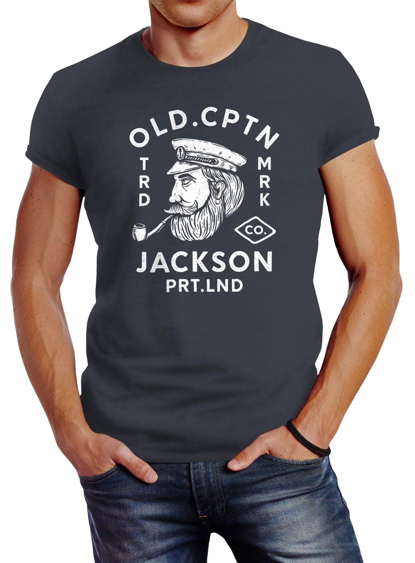 Neverless Print-Shirt Neverless® Herren Motiv Cptn Aufdruck T-Shirt Jackson Kapitän grau Print-Shirt Old Retro mit Print