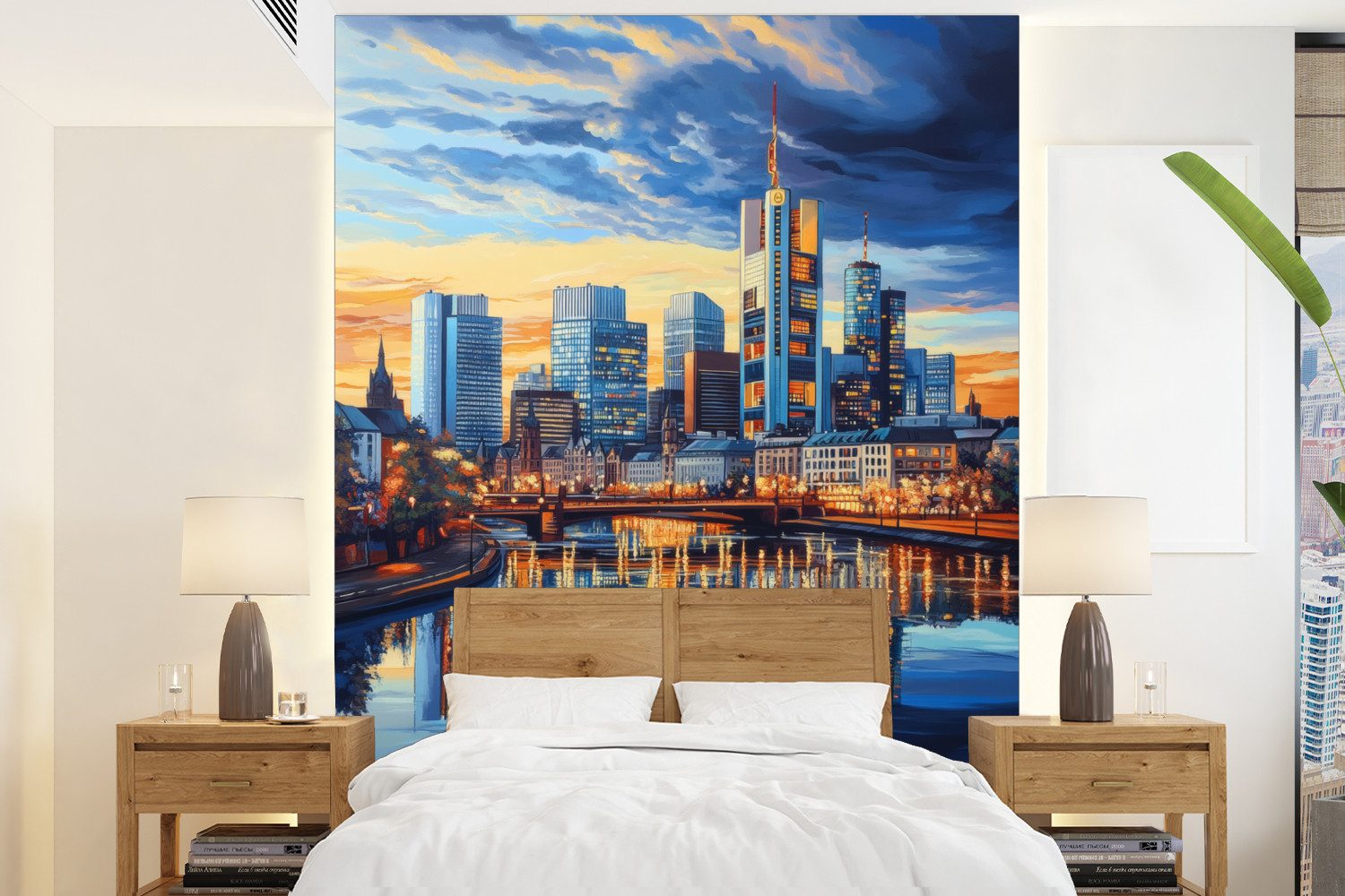 MuchoWow Fototapete Sonnenuntergang Frankfurt - Stadt - Skyline - Wasser, Matt, bedruckt, Wallpaper für Wohnzimmer, Schlafzimmer, Vinyl Tapete, 195x260 cm