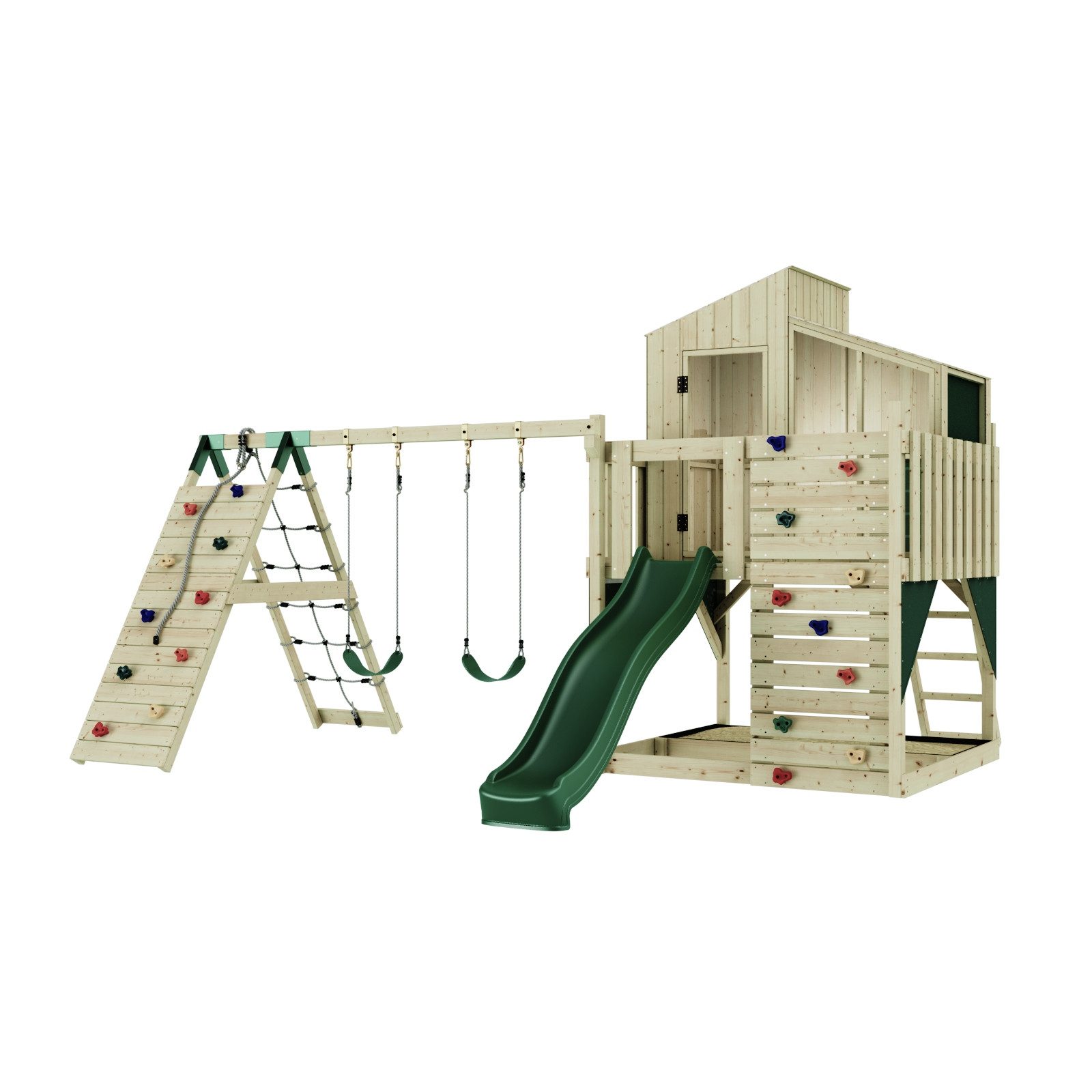OutdoorToys Spielturm Finn aus Holz in Dunkelgrün mit Kinderschaukel & Rutsche, Kletterwand, aus Holz in Dunkelgrün mit Kinderschaukel & Rutsche, Kletterwand