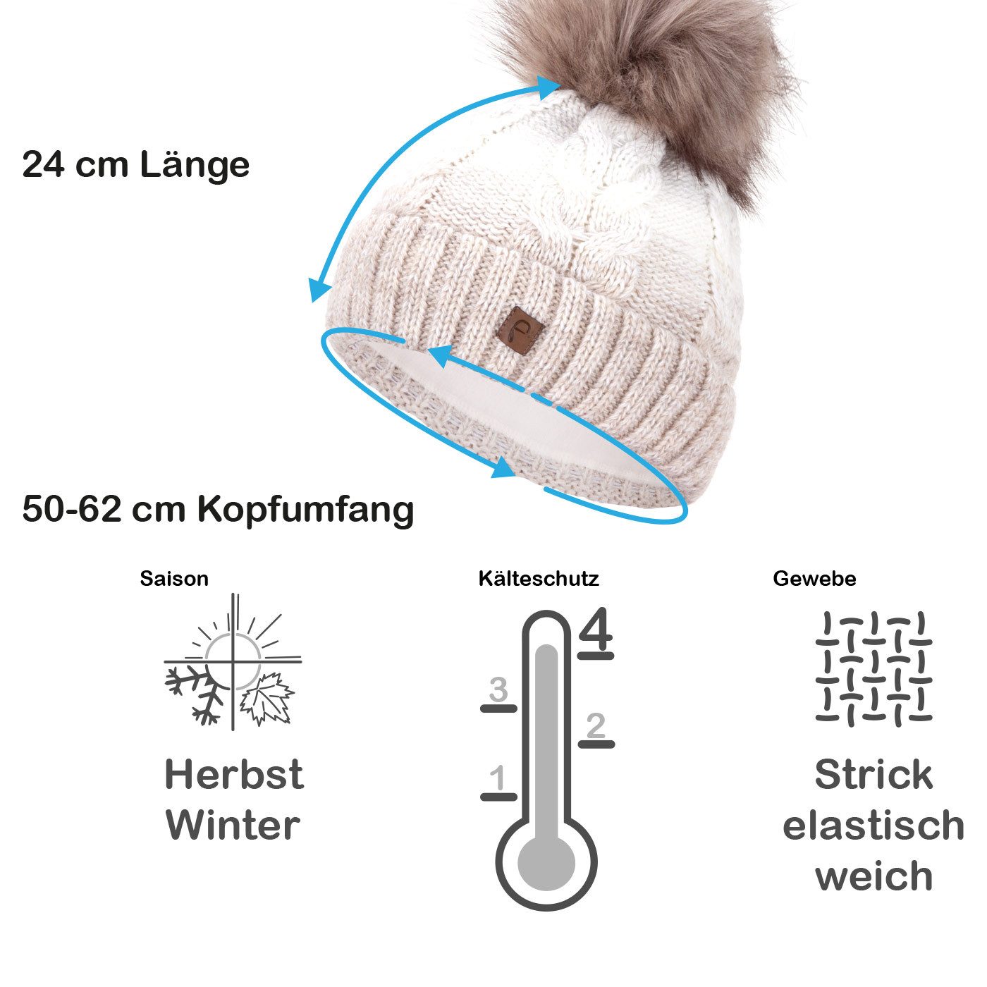 Faera Bommelmütze Wintermütze Damen Herren Mütze Beanie Haube gefüttert Bommelmütze