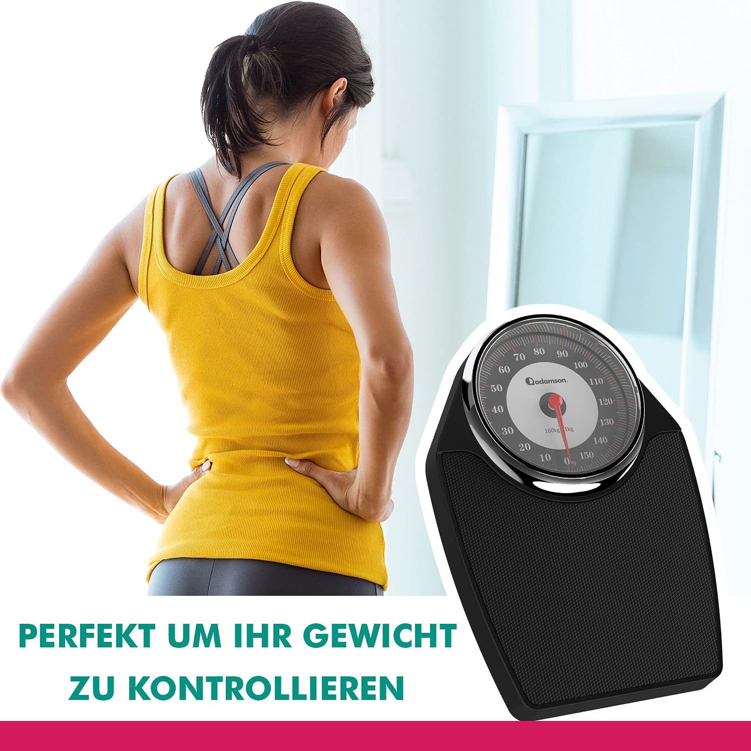 Adamson Personenwaage A24, mit extra großen Ziffern, Analoge Körperwaage bis 160kg