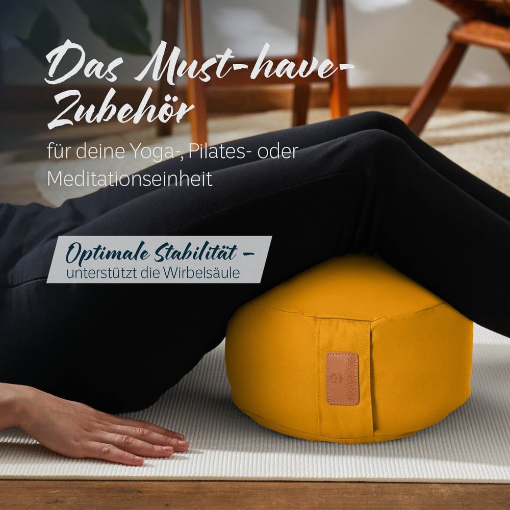 #DoYourYoga Yoga Bolster Kissen Vishnu - gefüllt mit Bio-Buchweizenschalen, - Rund 30 x 30 x 15 cm - Currygelb