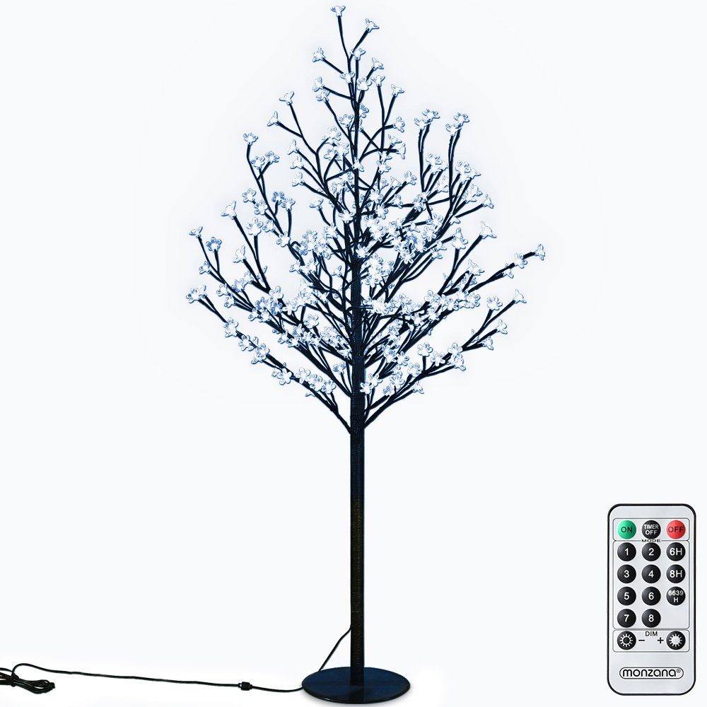 monzana Künstlicher Weihnachtsbaum, Kirschblütenbaum 180 cm mit Fernbedienung 200 LED Timer Dimmer Innen Außen Künstlich Groß Deko Kirschblüten Leuchtbaum Lichterbaum Kaltweiß