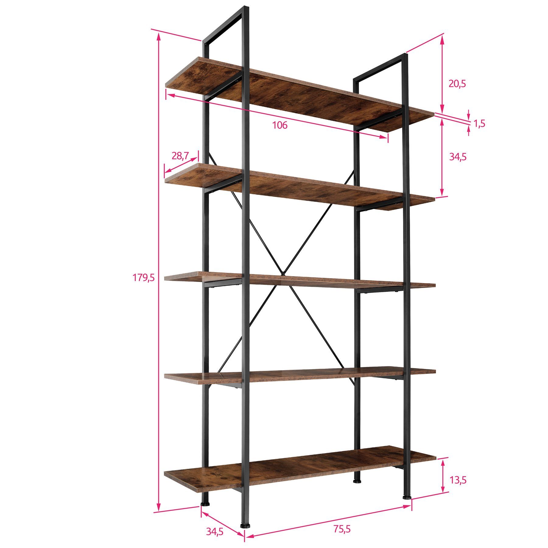 tectake Bücherregal Glasgow, Einzelstück Holz rustikal dunkel, Industrial