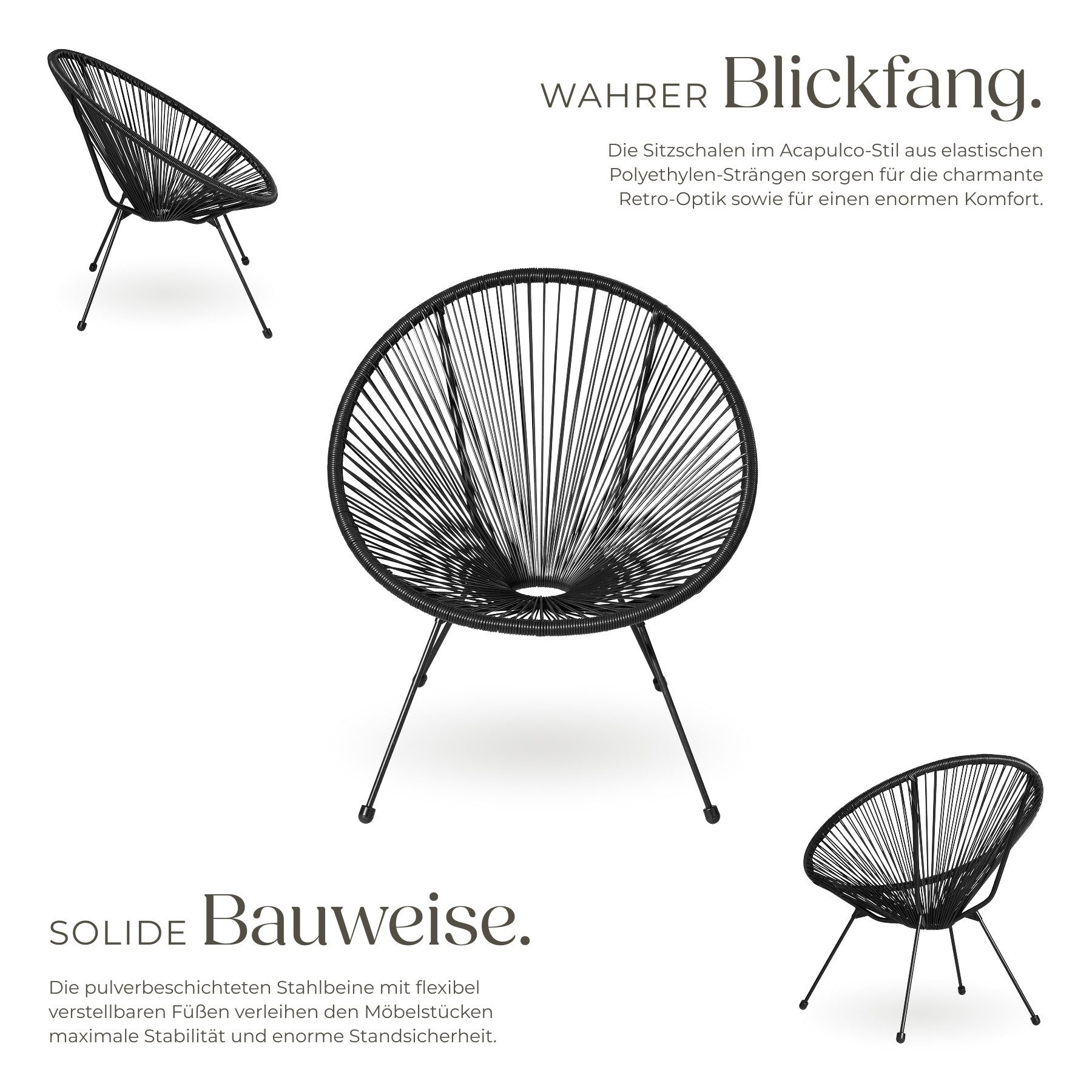 tectake Essgruppe 2 Gartenstühle Santana mit Tisch, (Set., 3-tlg), Elastische Stränge aus Polyethylen