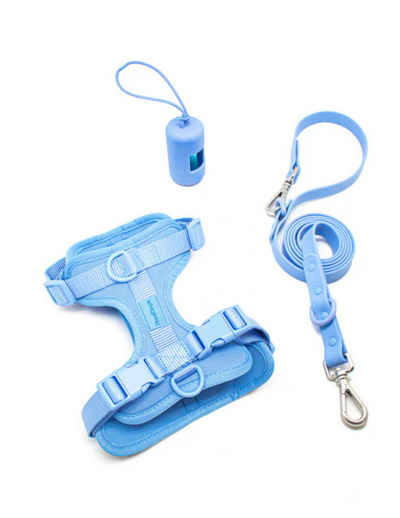 UE Stock Hunde-Geschirr WalkSet Hundegeschir Komfortgurt, Armband und Kotbeutel Gr. M Hellblau, perfekt für Frühlingsreisen