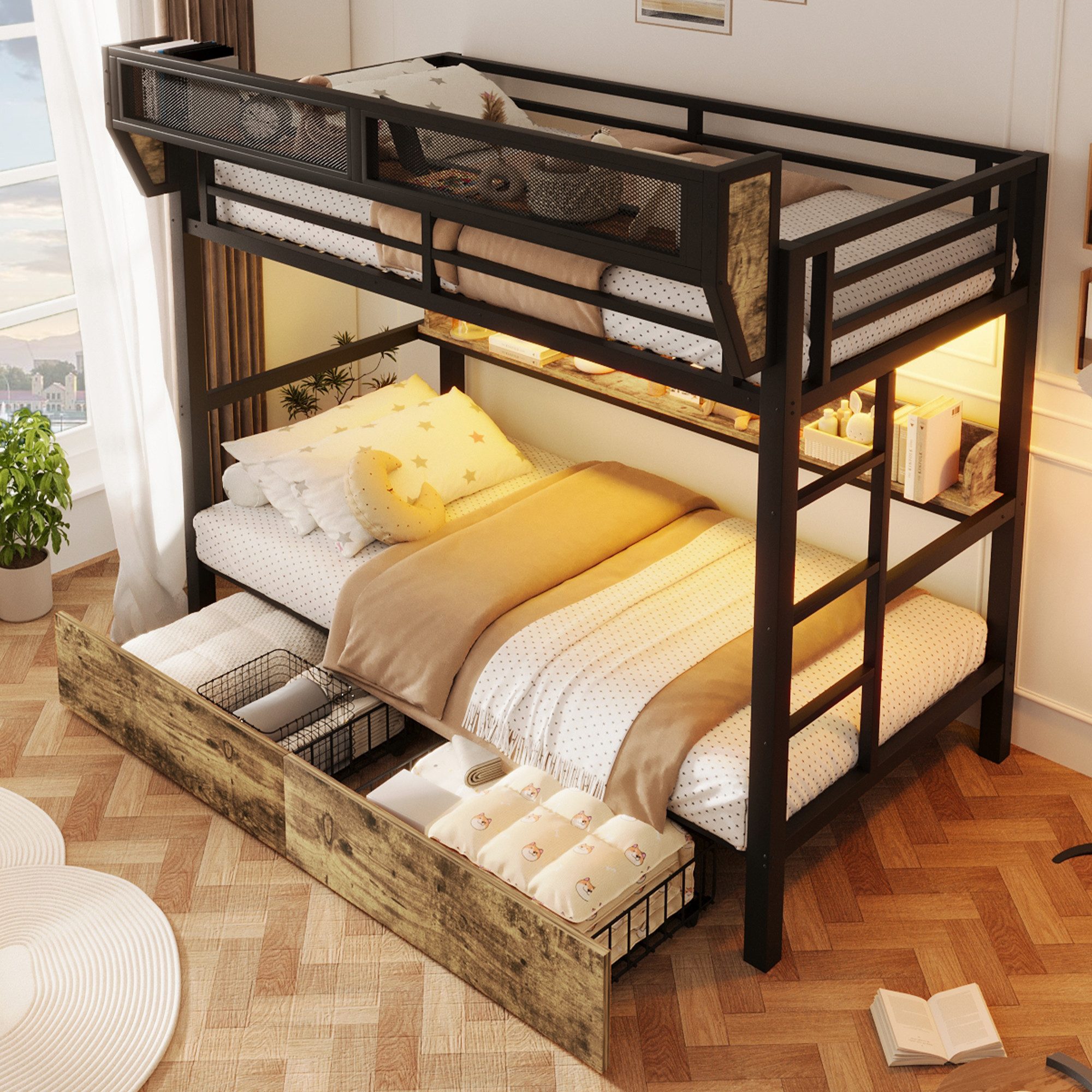 Flieks Etagenbett, Metallbett 90x200cm mit Schubladen LED-Beleuchtung Aufbewahrungskorb