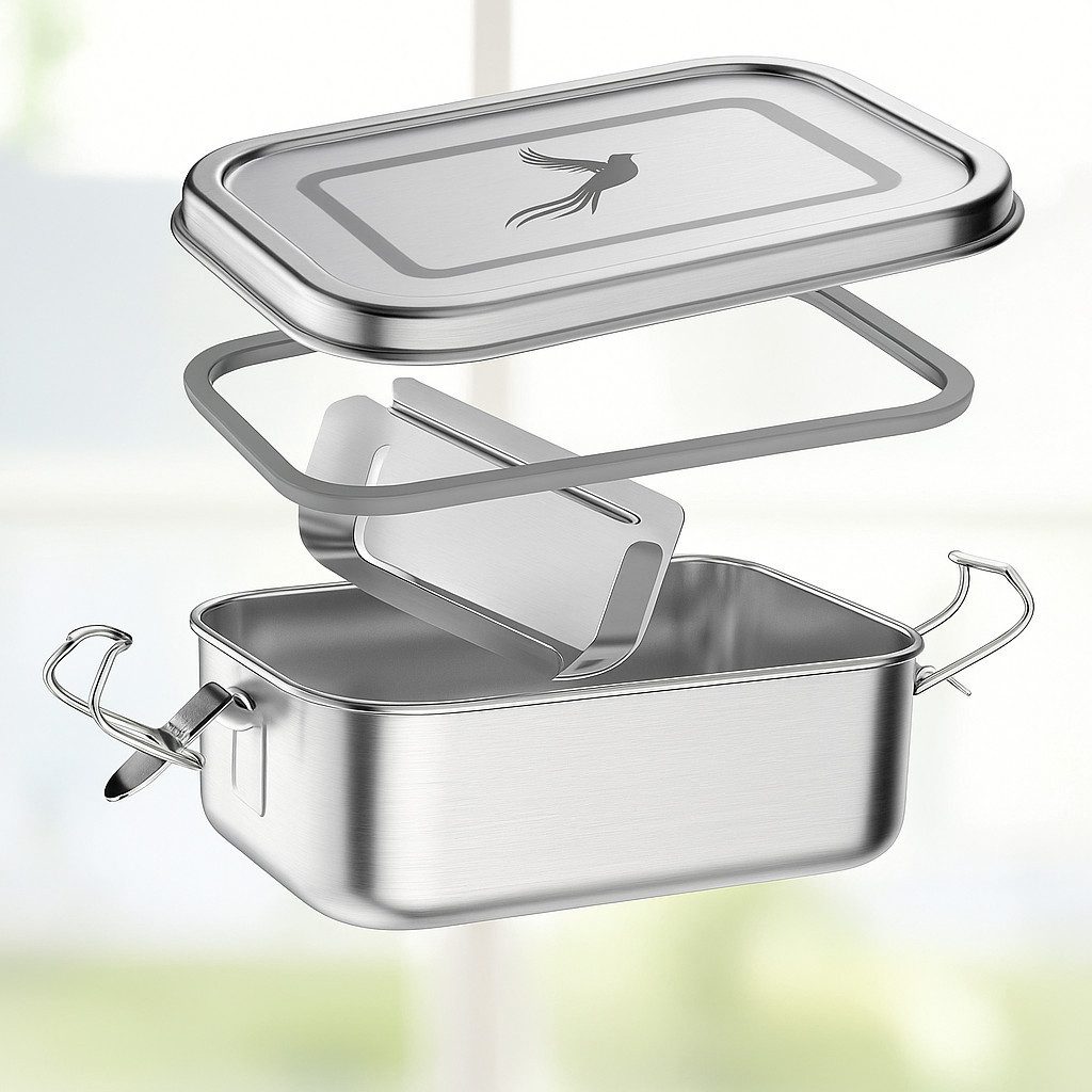 Little Lorien Lunchbox Brotdose Edelstahl 1200ml, 2 Fächer, Besteck, Trennwand & Servietten, Edelstahl, (5-tlg., 1 Brotdose, 1 Trenner, 1 Campingbesteck, 10 Pap – Bild 4 von 5