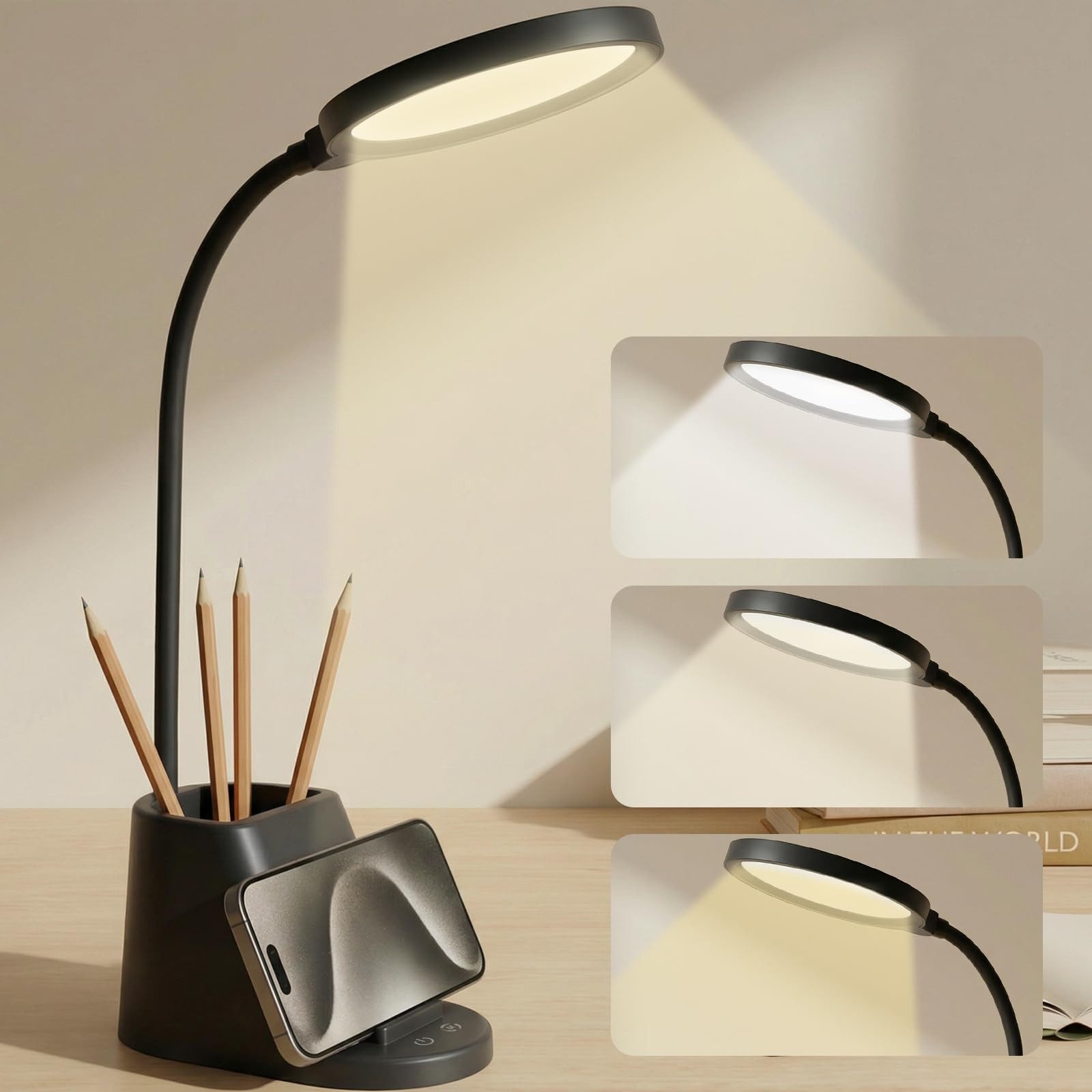 LQWELL LED Schreibtischlampe 4 in 1 LED Schreibtischlampe USB Aufladbar, LED fest integriert, 3 Helligkeitsstufen Nachtlicht, 360° Flexibel Stifthalter Tischlampe Studienlampe, mit Telefonhalter,für Heimbüro