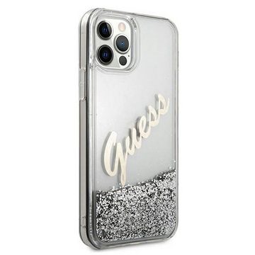 Guess Handyhülle Guess Apple iPhone 12 Pro Max Silber Glitter Vintage Script Glitzer Hard Case Cover Schutzhülle Etui