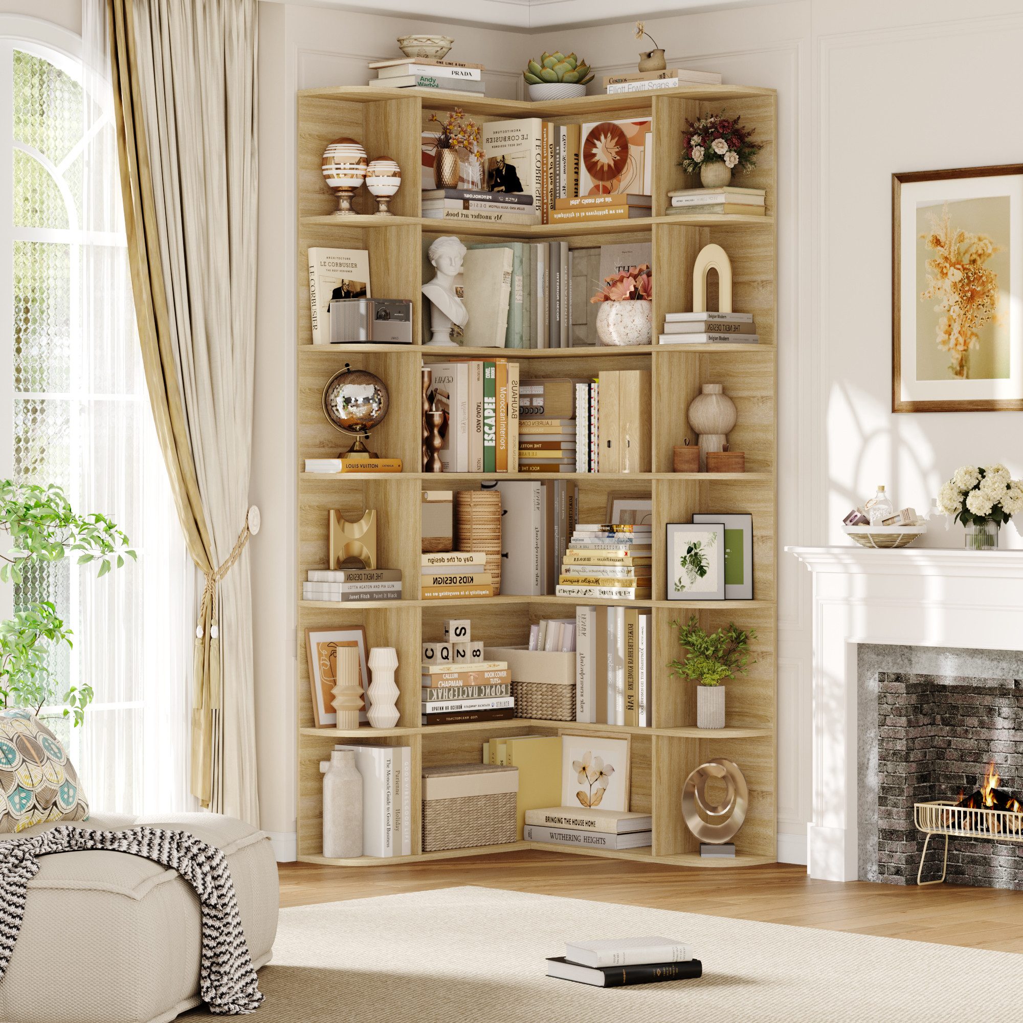 Homfa Bücherregal 185 cm Eckregal Bücherschrank Eckbücherregal, Standregal L-förmiger Eckschrank 80 x 84 x 185 cm, eiche