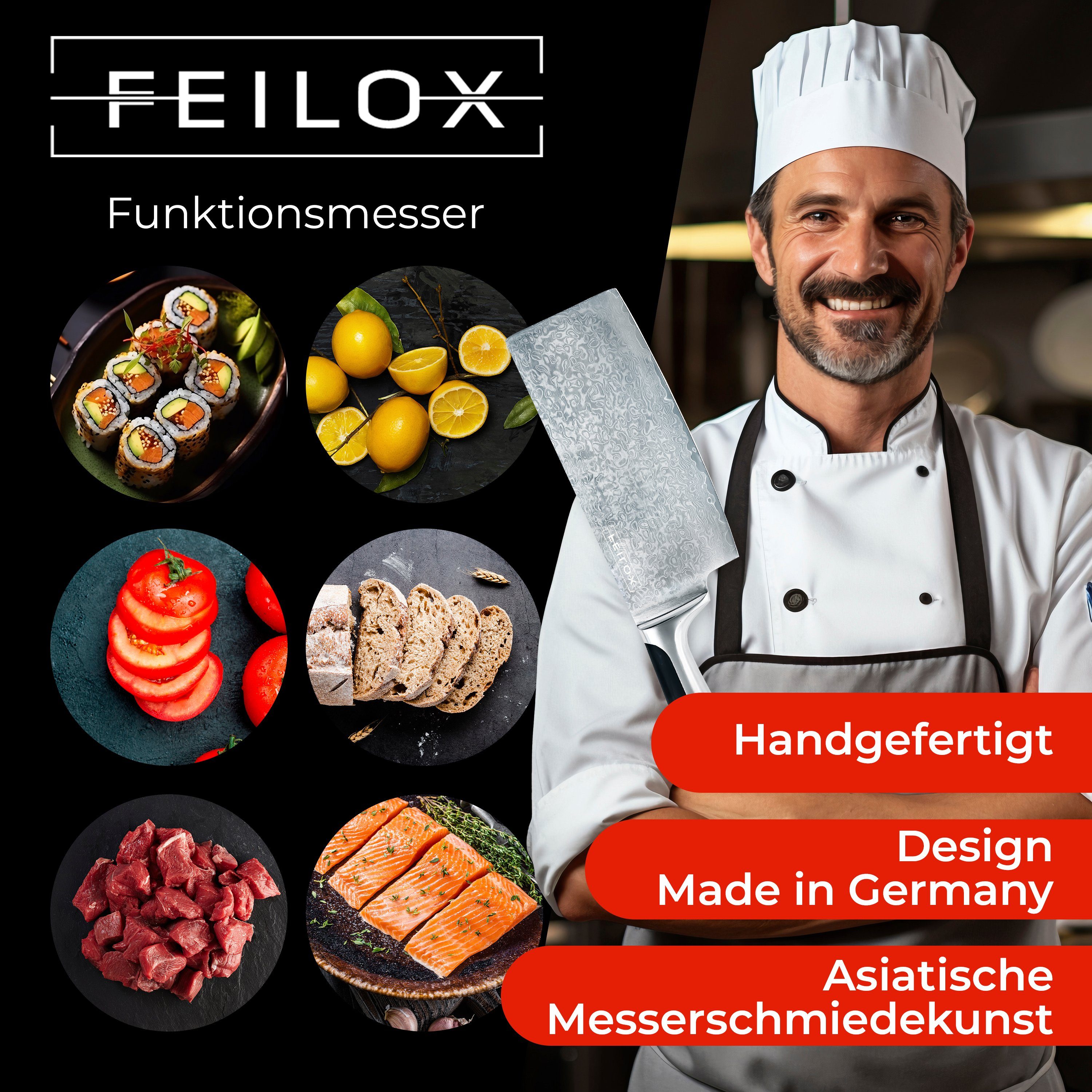 Feilox Damastmesser Japanisches Messer Extrascharf, Design in Profi Hackmesser, Holzgriff, Kochmesser cm; Messer Made Germany, 31