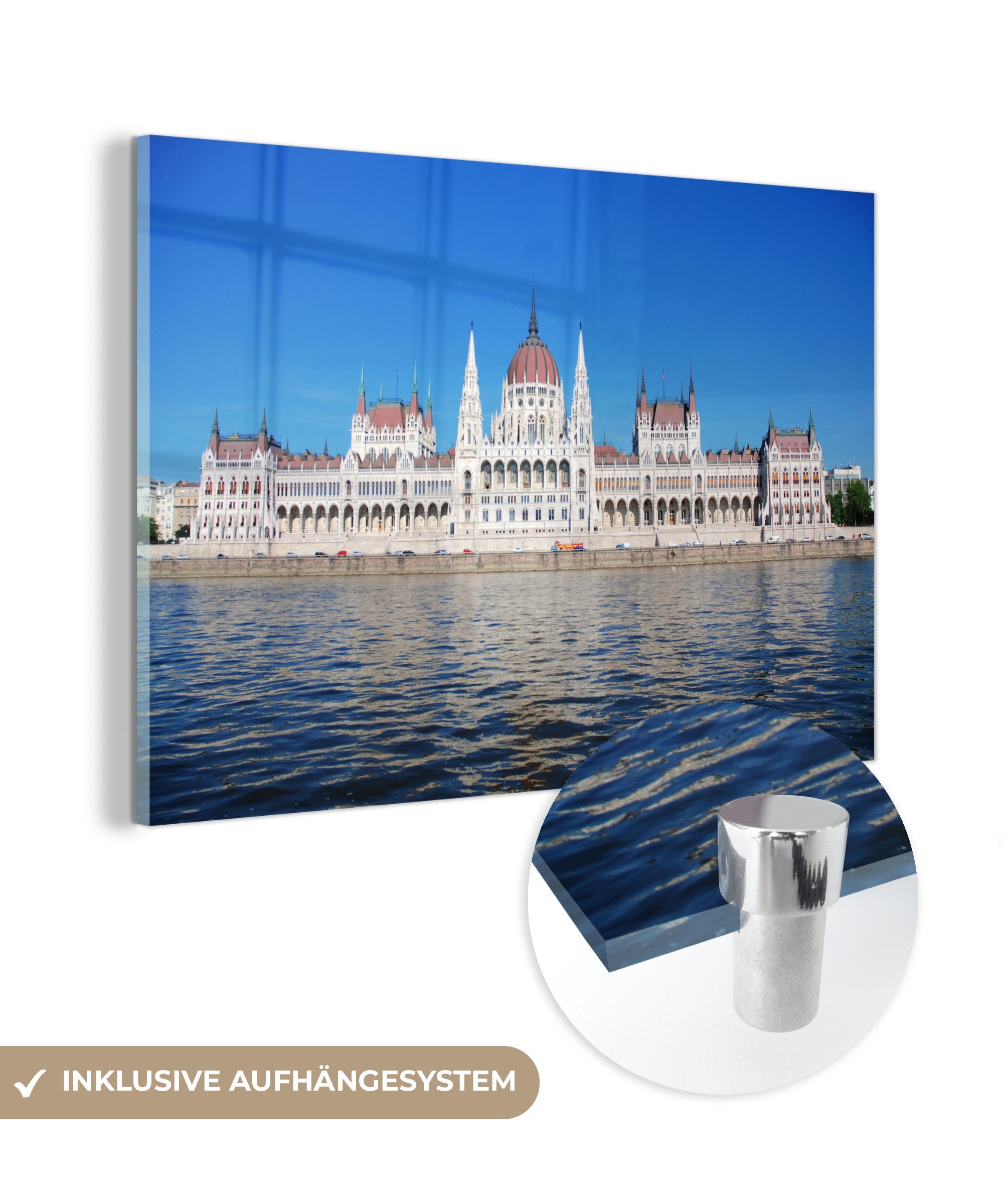 MuchoWow Acrylglasbild Dunkelblaues Wasser am ungarischen Parlamentsgebäude in Budapest, (1 St), Acrylglasbilder Wohnzimmer & Schlafzimmer
