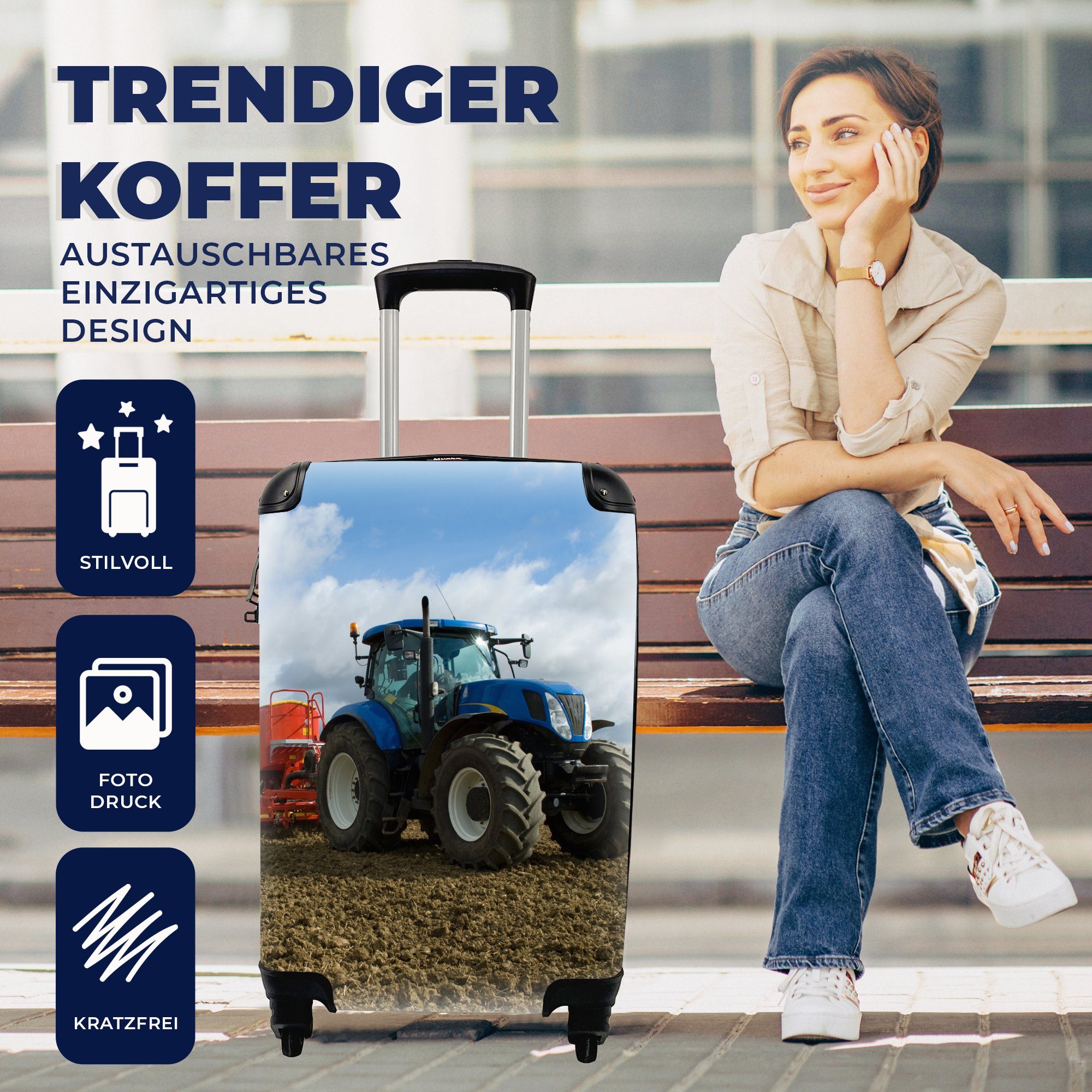 Trolley, 4 Reisetasche Traktor für Reisekoffer - Handgepäck Wolken, Ferien, - Blau Rollen, mit Handgepäckkoffer rollen, - Landleben MuchoWow
