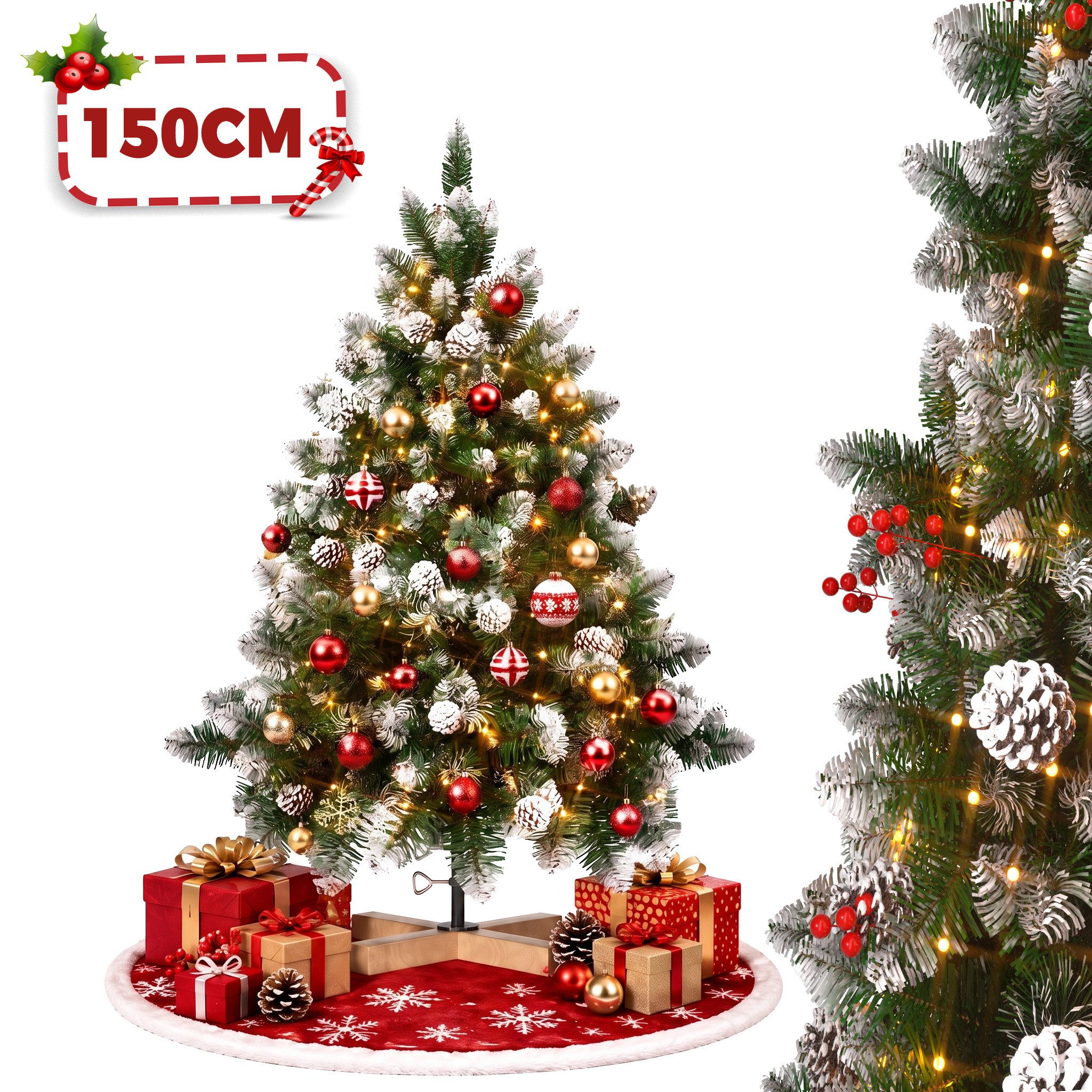 FIVMEN Künstlicher Weihnachtsbaum Weiß mit Schnee und Zapfen, Schnellaufbau inkl. Christbaum Ständer, mit Holzständer und Klappsystem, …