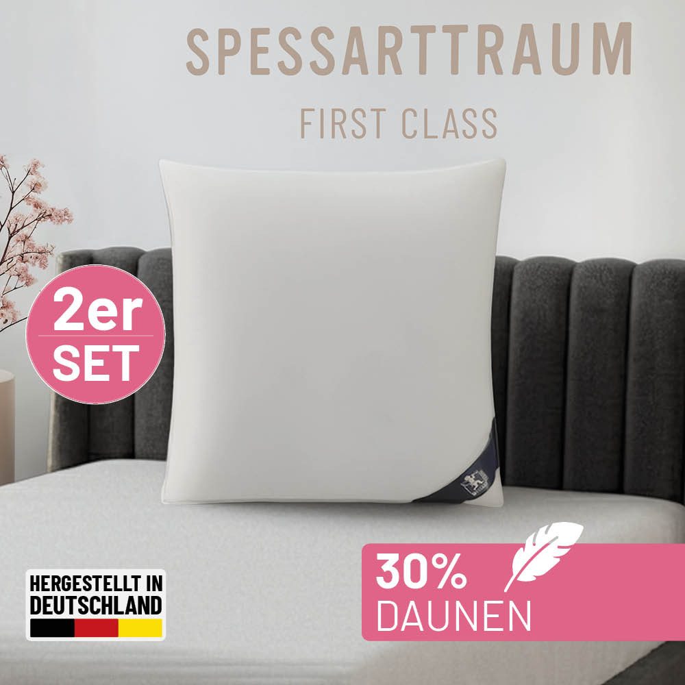 SPESSARTTRAUM Federkopfkissen FIRST CLASS, Einzelkissen oder Doppelpack!, Füllung: 70% Federn / 30% Daunen, Klasse 1, Downpass zertifiziert, Bezug: 100% Baumwolle, Made in Green, Hausstauballergiker geeignet, hergestellt in Deutschland, allergikerfreundlich, im Set günstiger