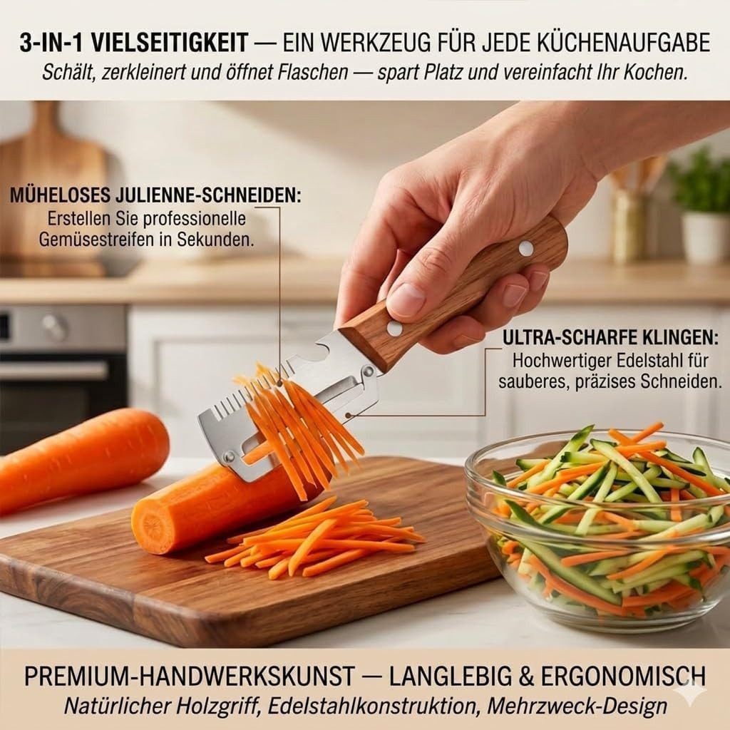 FELIXLEO Gemüseschneider 2er Set 3 in 1 Gemüseschäler Julienne Holzgriff – Bild 5 von 5