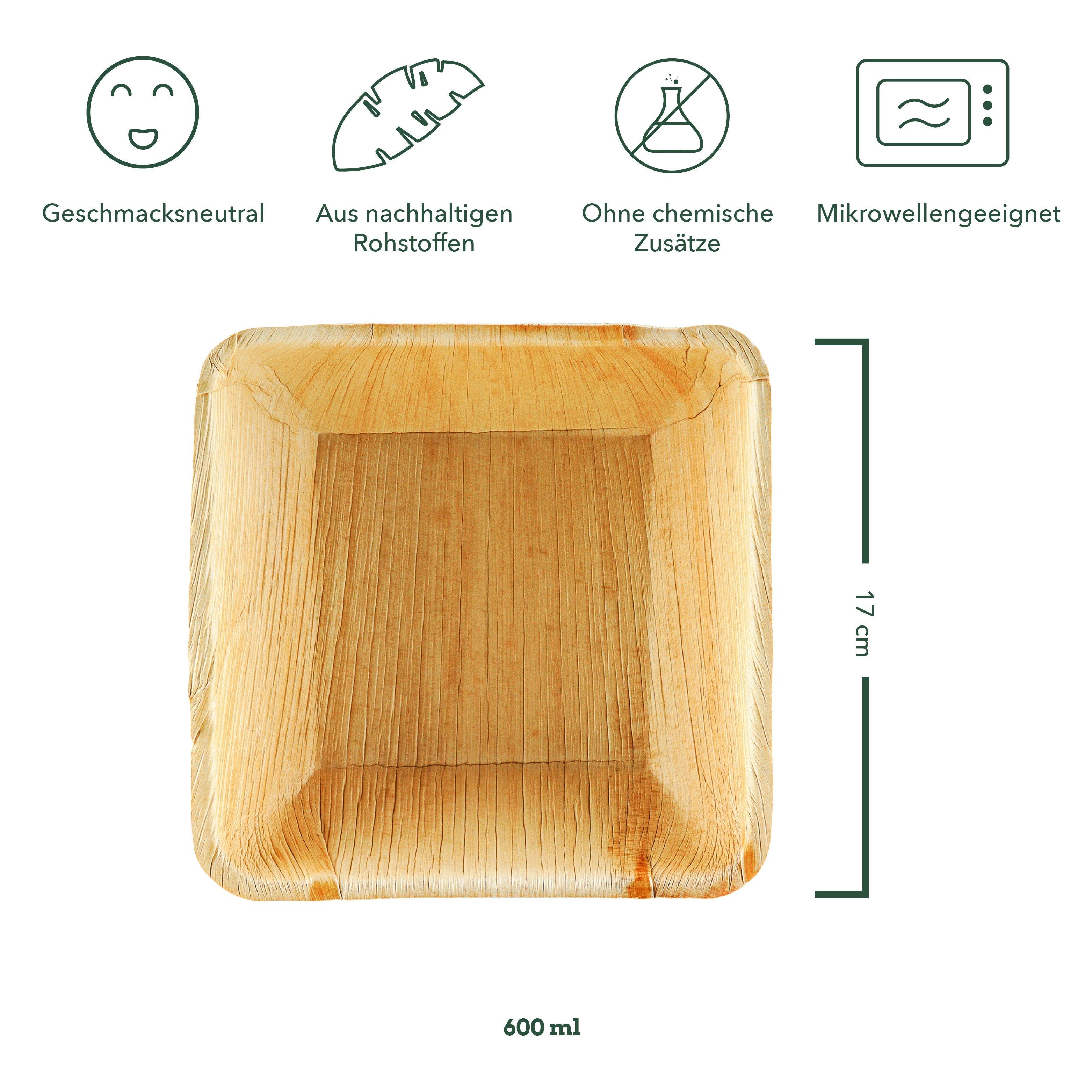 wisefood Einwegteller 25-tlg., Palmblatt Teller quadratisch (600ml), (25 St)