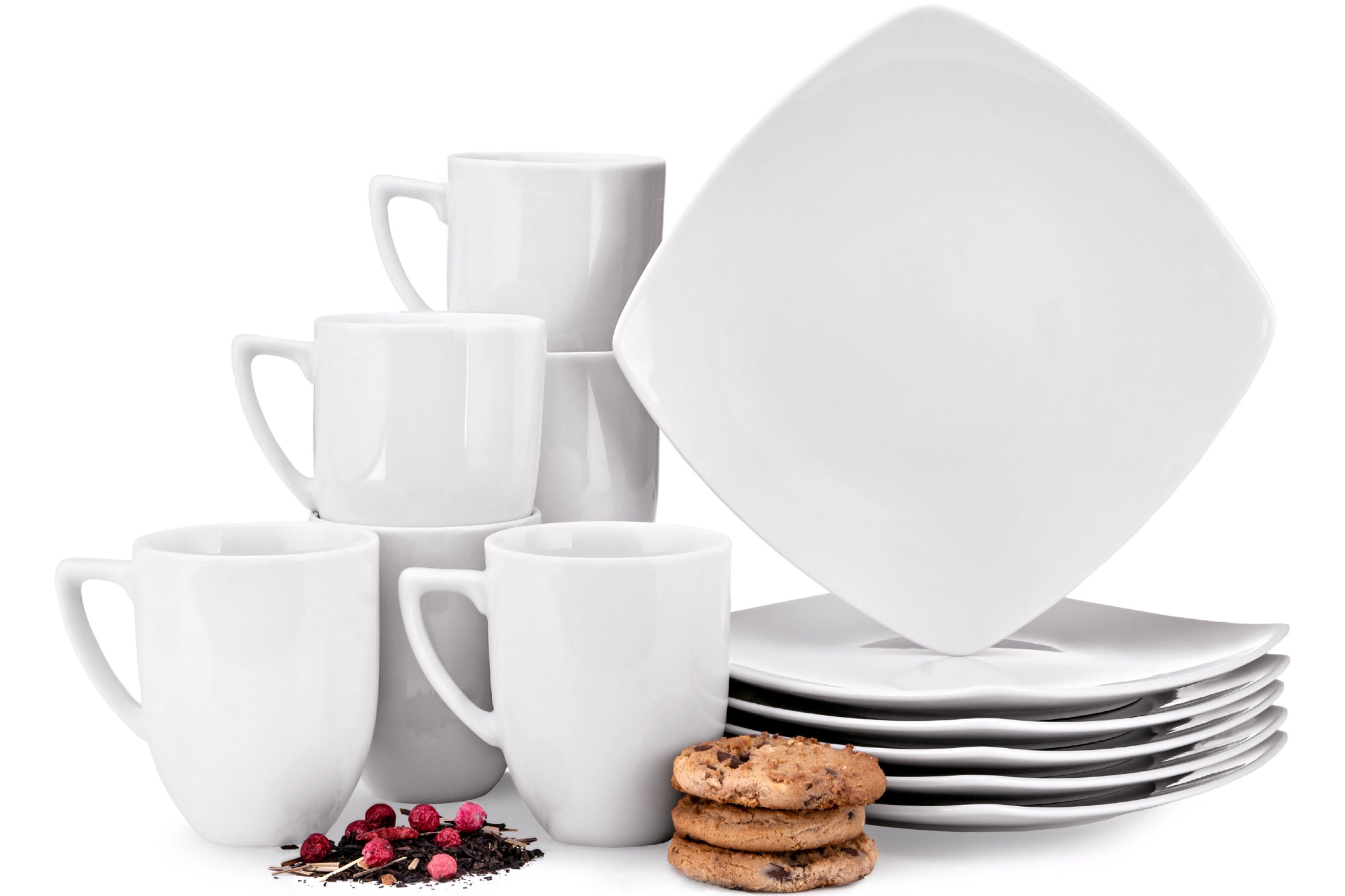 KONSIMO® Kaffeeservice CARLINA Becher Dessertteller (12-tlg), 6 Personen, Porzellan, Spulmachinen- und Mikrowellengeeignet, quadratisch