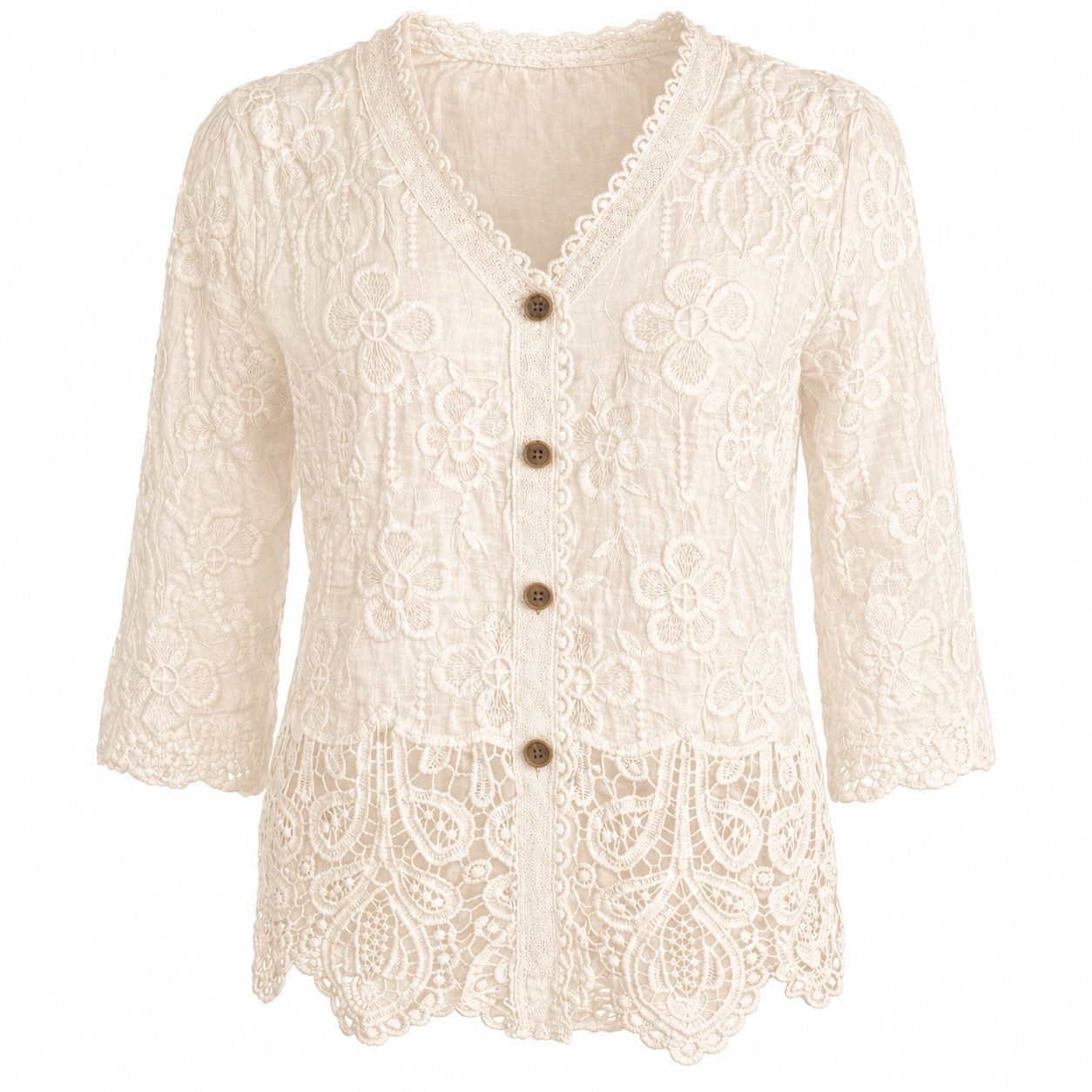 Shirtbluse Damen Bluse 100 % Baumwolle – Lochstickerei, Stickerei, S/M