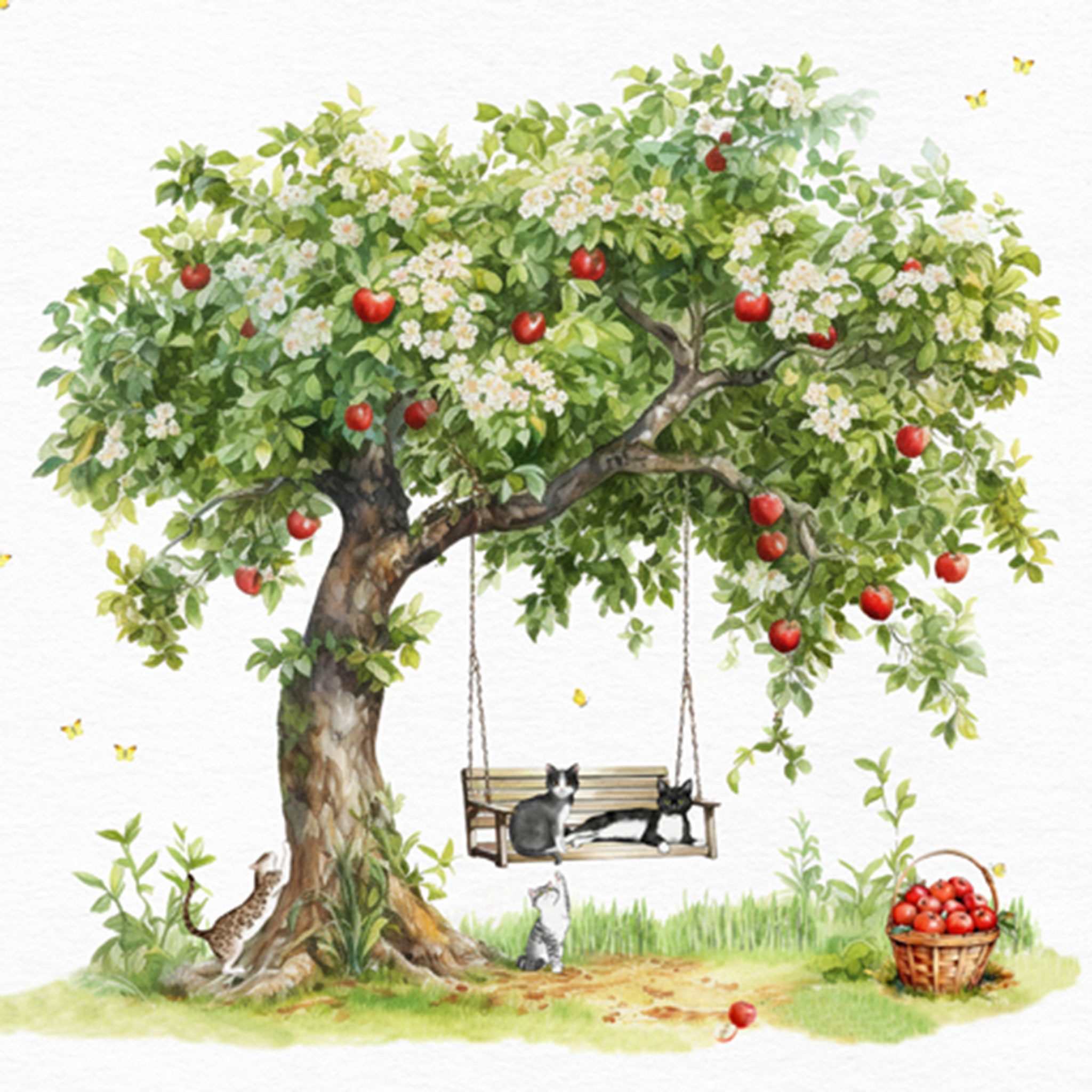 ti-flair Papierserviette, Servietten Papier 33x33cm 3-lag Apfelbaum & Katzen Landhausstil 20 Stk