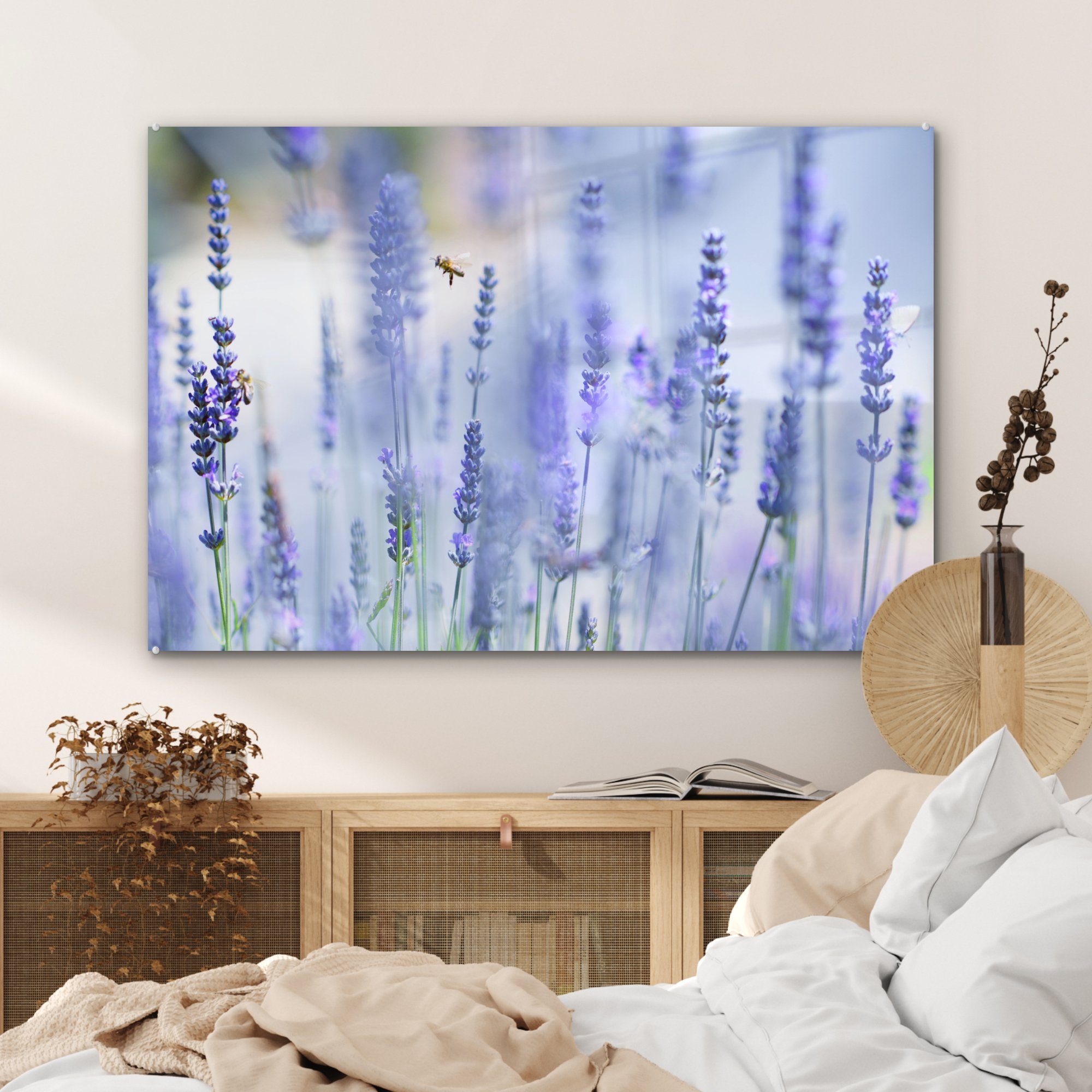 MuchoWow Acrylglasbild Bienen in & Wohnzimmer Acrylglasbilder Lavendelfeld, (1 einem St), Schlafzimmer