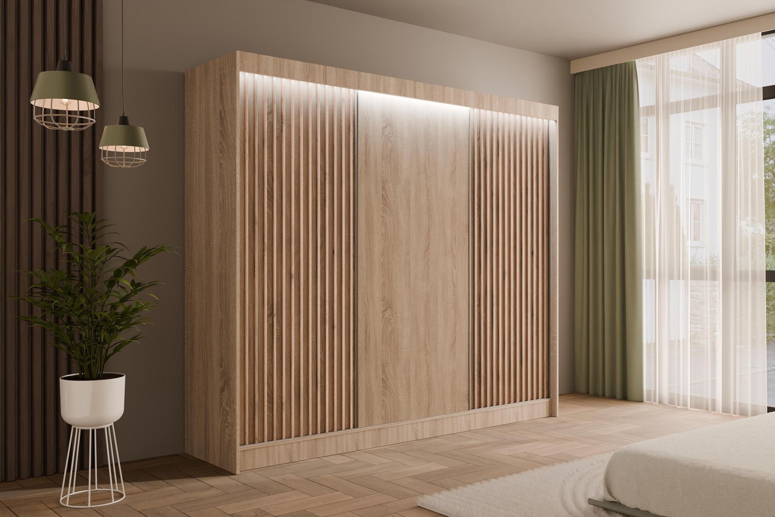 ALTDECOR Schiebetürenschrank VILANv2 (Kleiderschrank Garderobenschrank mit viel Stauraum Moderner Schrank) Vielseitiger Schwebetürenschrank Lamellen LED Beleuchtung