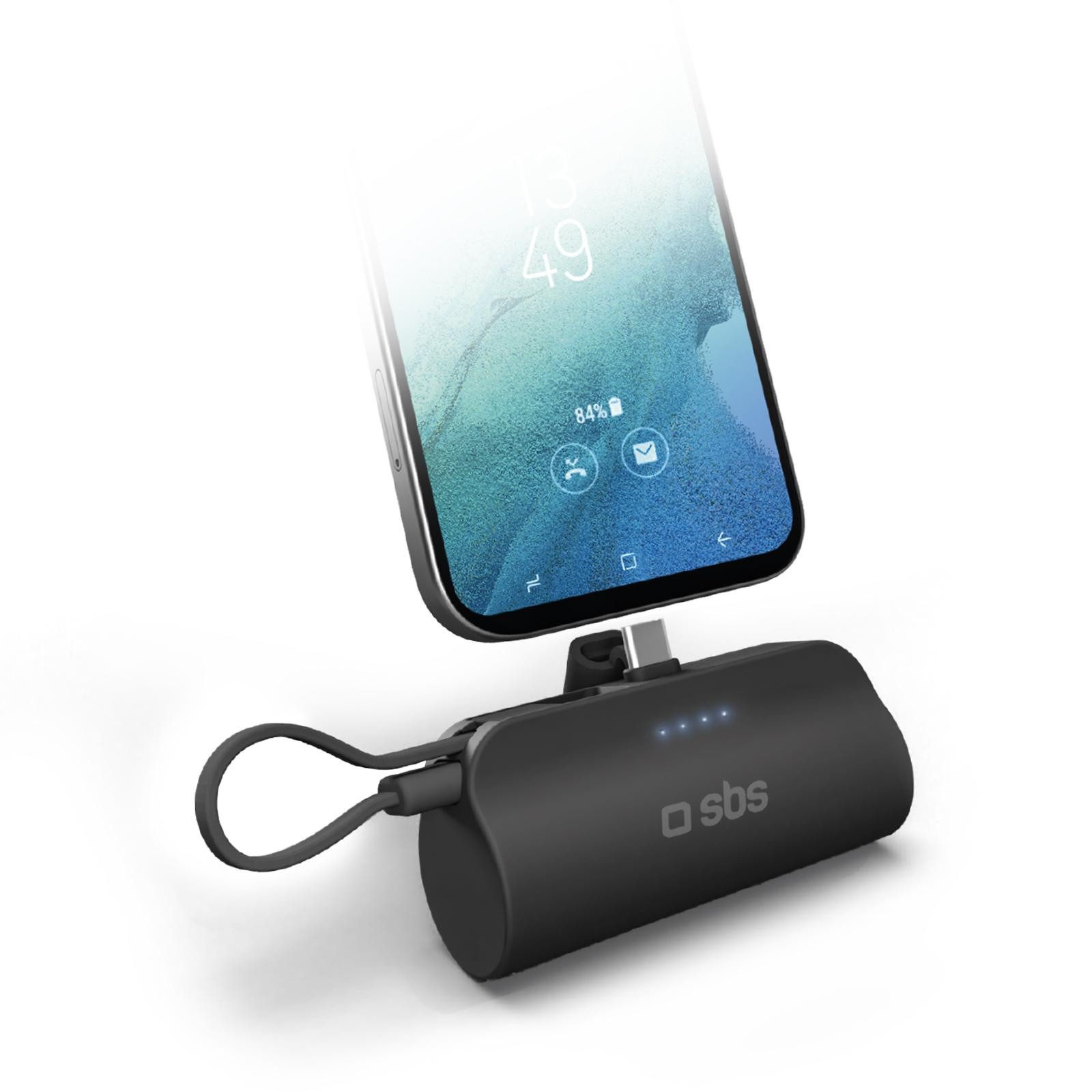 sbs Powerbank mit 5000mAh, Standfunktion und integriertem Kabel, Schwarz Solar Powerbank