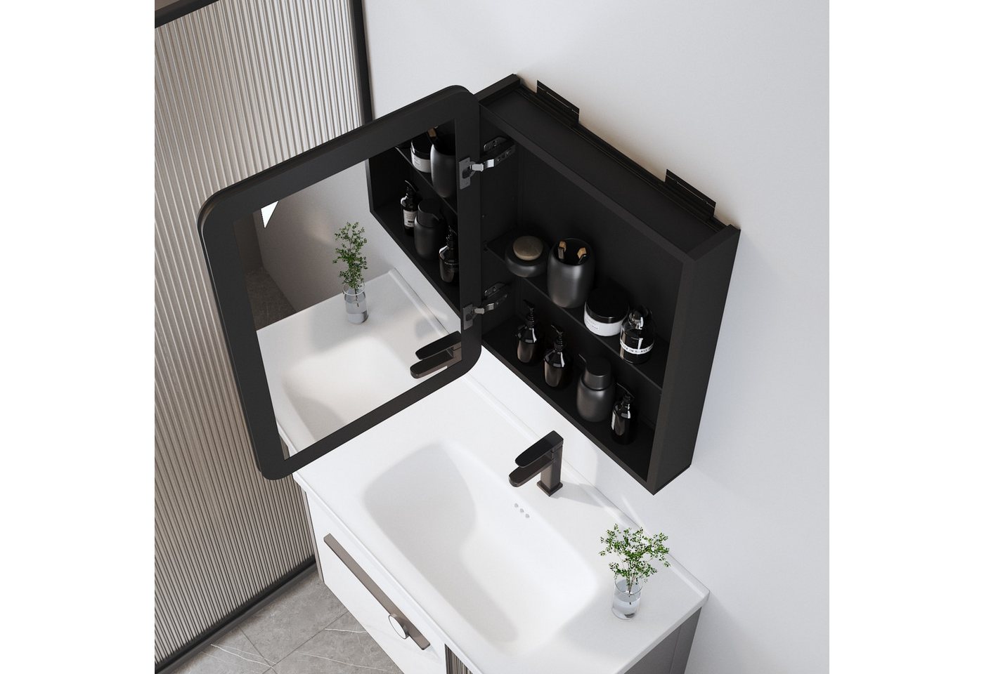 Thumbnail - Boromal Badspiegel mit schrank Spiegelschrank Schwarz Rechteckig Aluminium 50x70 40x60cm (Badschrank Hängend 1 tür, Dopp...