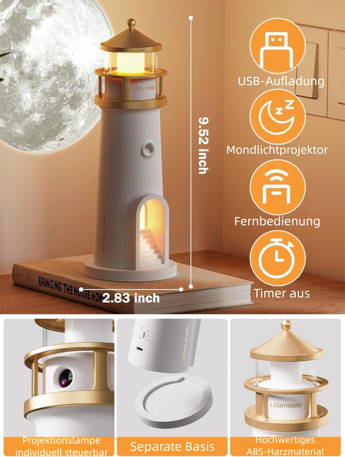 VEKROBOT Nachtlicht Leuchtturm Projektor Bluetooth Fernbedienung Nachtlicht Stimmungslicht, Mondlicht-Projektionslampe – Leuchtturm-Design
