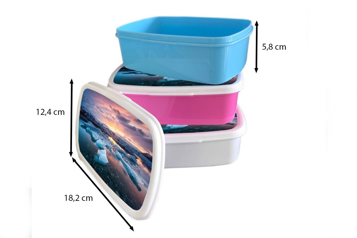 MuchoWow Lunchbox (2-tlg), See Mädchen, Jökulsárlón, für Sonnenuntergang Snackbox, Kunststoff Der am rosa Kunststoff, Kinder, Brotdose Erwachsene, Brotbox