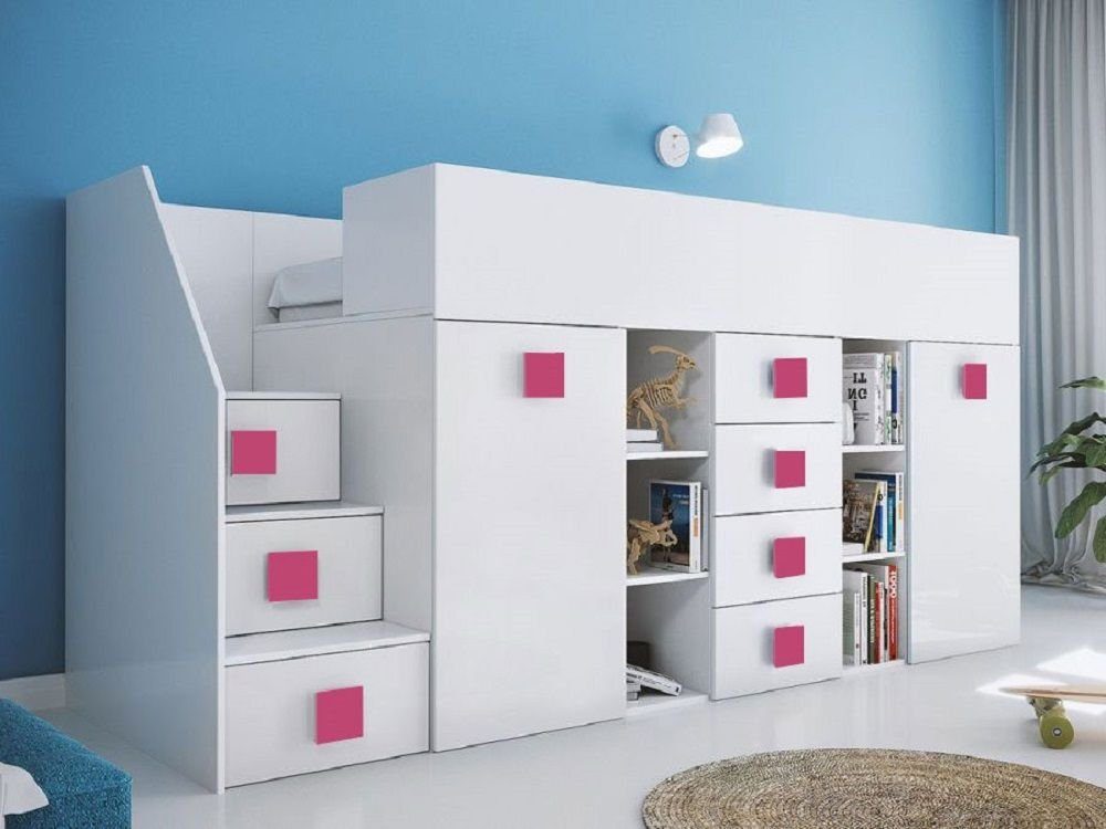 pink / links wählbar 3 (Etagenbett TOLEDO Schreibtisch - Farbe Treppe Kleiderschrank) weiß - Griffe + mit Feldmann-Wohnen Hochglanz weiß Hochbett
