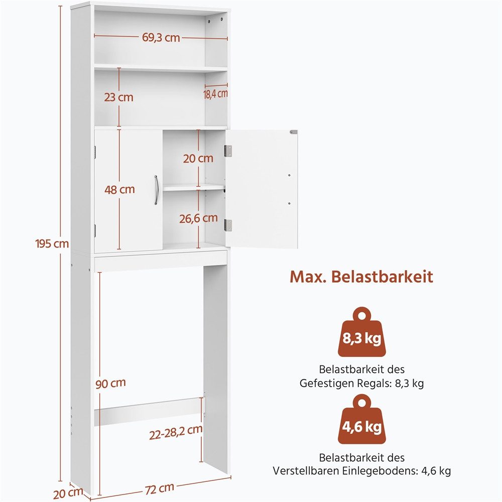 Yaheetech Badkommode Waschmaschienenumbauschrank 195 cm H, Aufbewahrungsschrank über Toilette, mit Verstellbarem Einlegeboden – Bild 4 von 5
