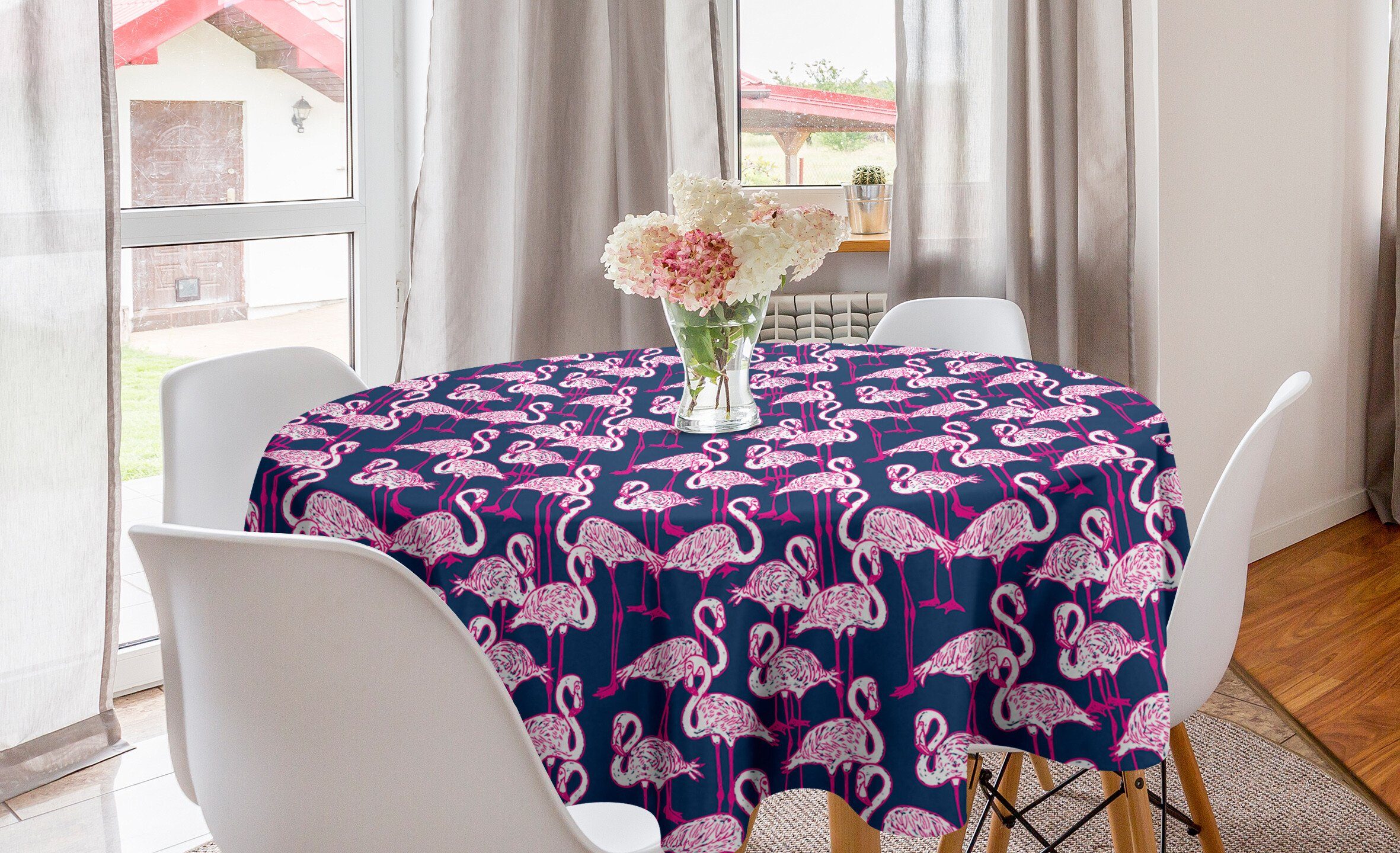 Abakuhaus Tischdecke Kreis Tischdecke Abdeckung für Esszimmer Küche Dekoration, Tiere Cartoon Exotische Flamingos