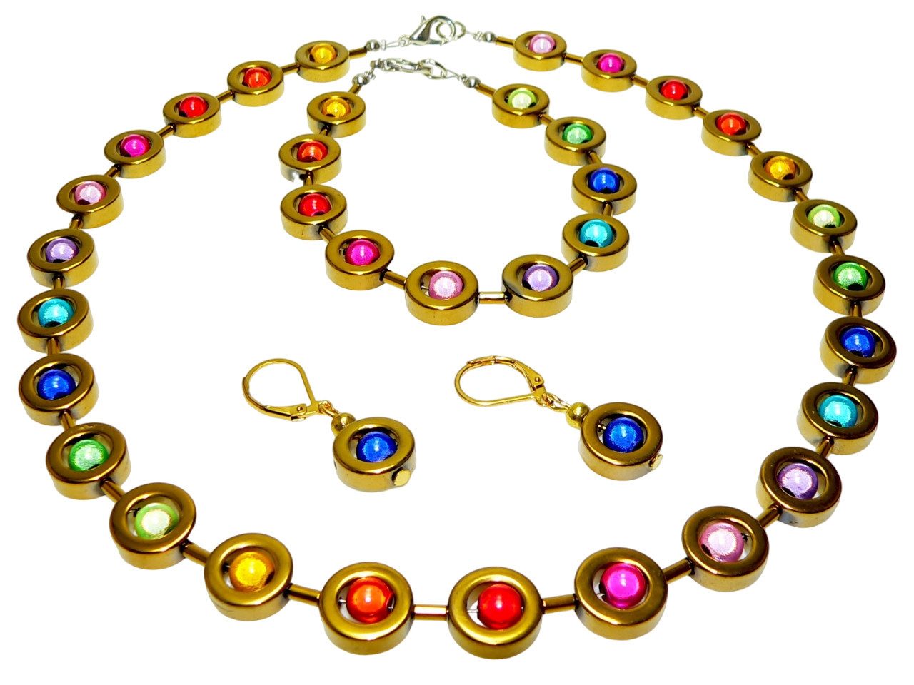 traumschmuck Ювелирные изделияset 486f 3er Ювелирные изделияset Hämatit Ring gold, glänzende Miracle Perlen bunt (incl. Ювелирные изделияbox), handgefertigt, Made in Germany