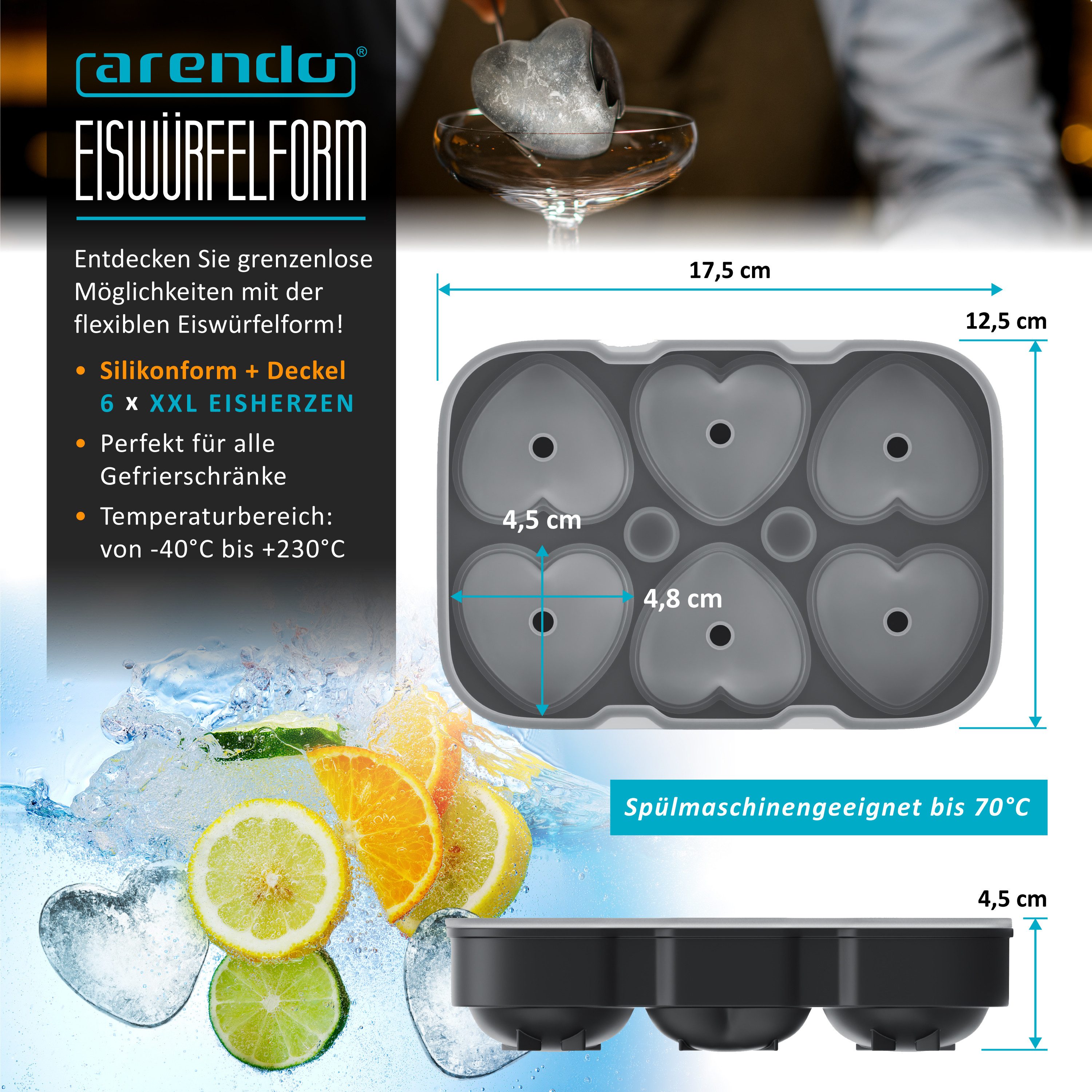 Arendo Eiswürfelform 6x Herzform sechsfach, temperaturbeständig, bis -40°C, (1-tlg), leicht zu lösen, für Cocktails, Obstsaft, Whisky