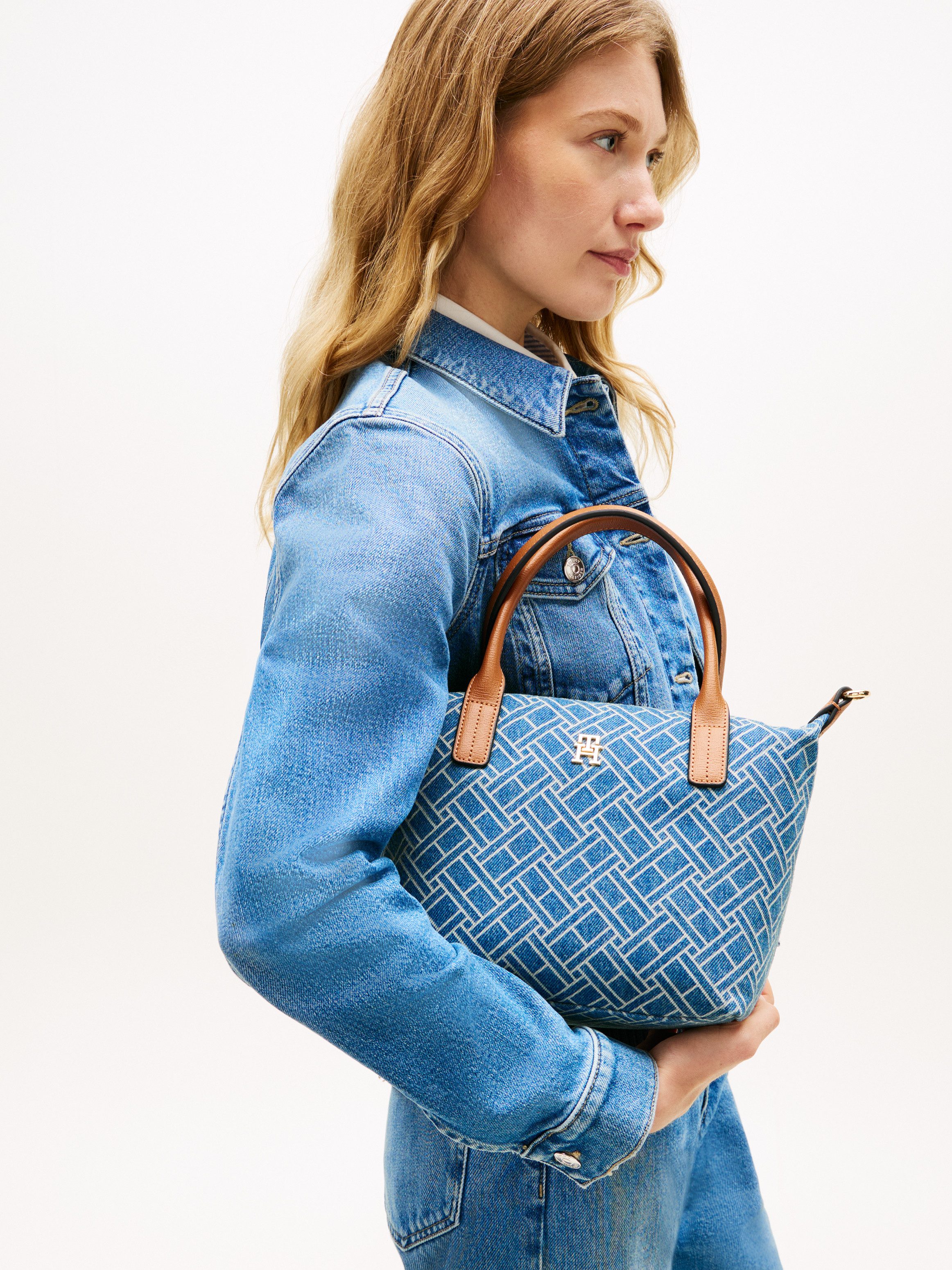 Tommy Hilfiger Tragetasche POPETTE MINI TOTE DENIM FLAG, Damen Umhängetasche, Schultertasche, Handtasche mit TJ-Label