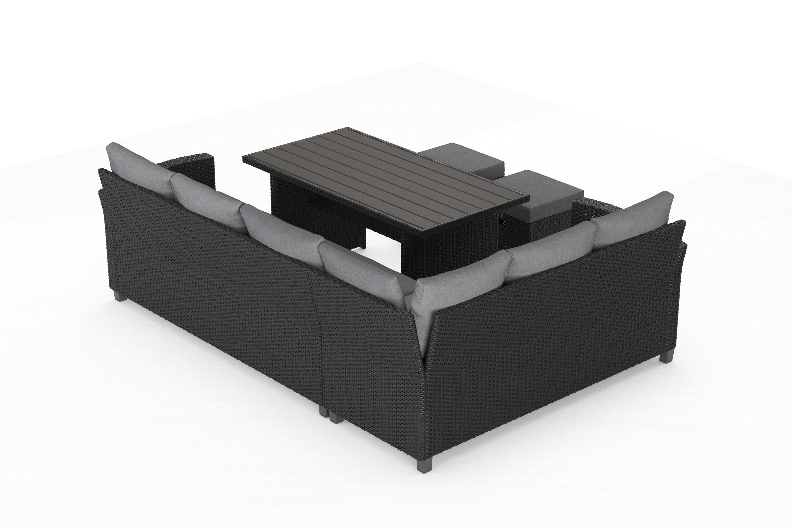 KONIFERA Gartenlounge-Set Georgia, (Set, 2x 3er Bank, 2x Hocker, 1x Tisch 145x74x67cm, Stahl, Polyrattan), inkl. Auflagen, Schwarz, Tischplatte aus Nonwood