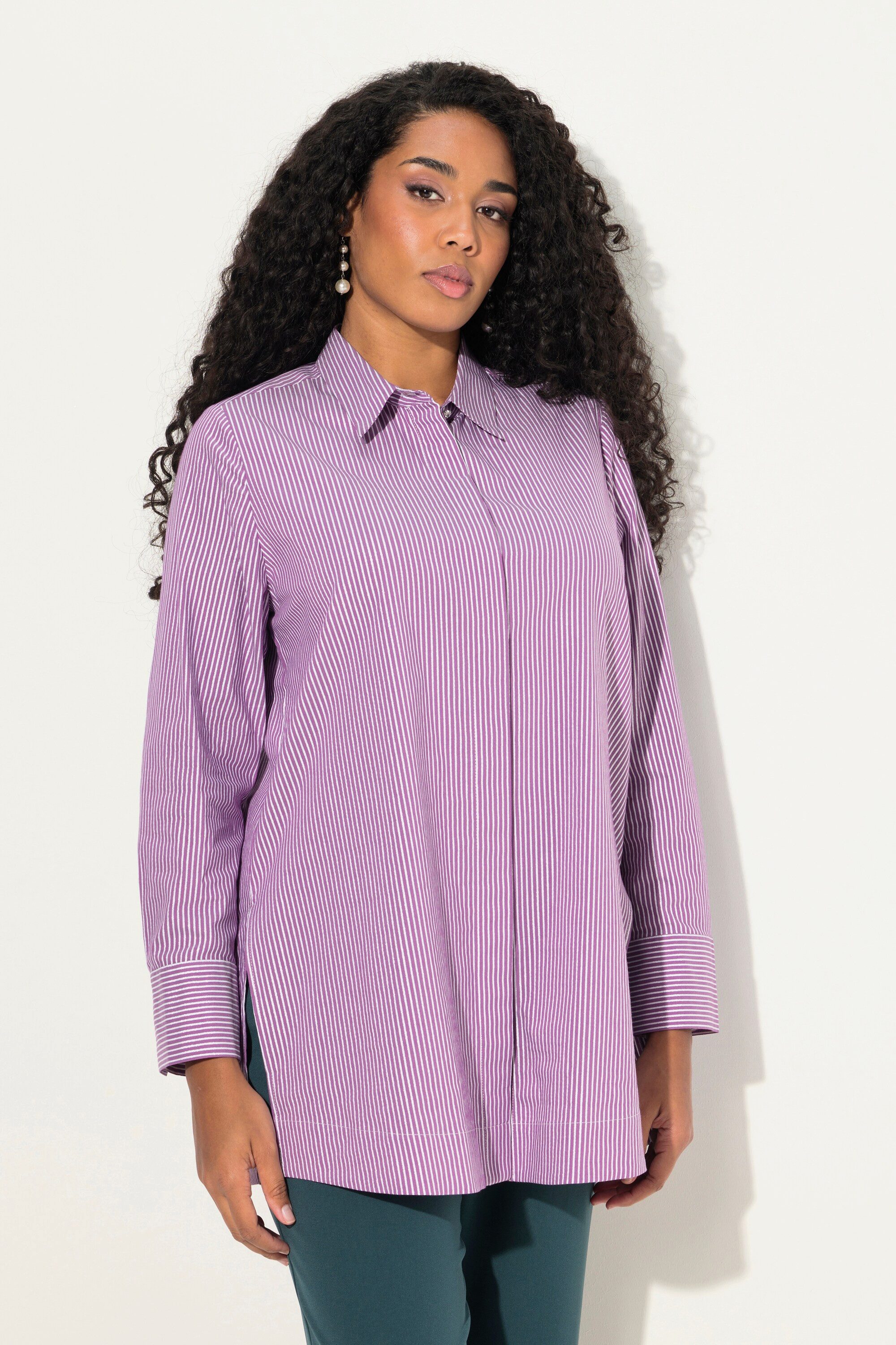 Ulla Popken Hemdbluse Hemdbluse Streifen Hemdkragen Langarm