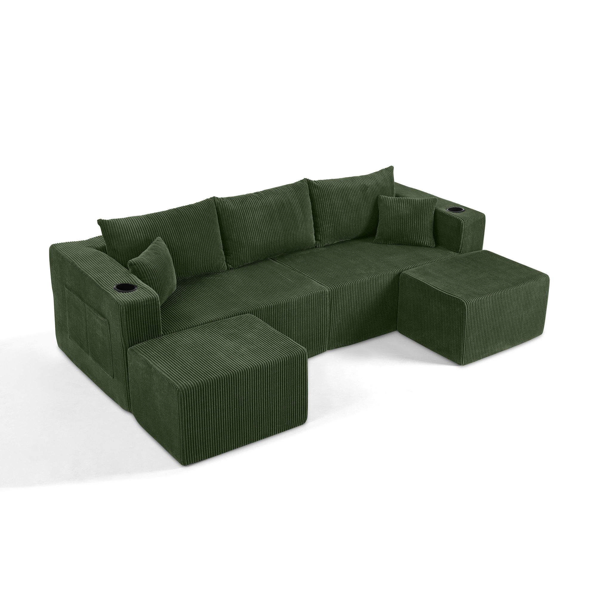 REDOM Ecksofa 3-Sitzer mit Getränkehalter & Seitentasche, Inkl. Kissen, flexibel für Wohnzimmer & Mietwohnungen 1 Teile, Grün Cord-Ecksofa mit beweglichen Modulen