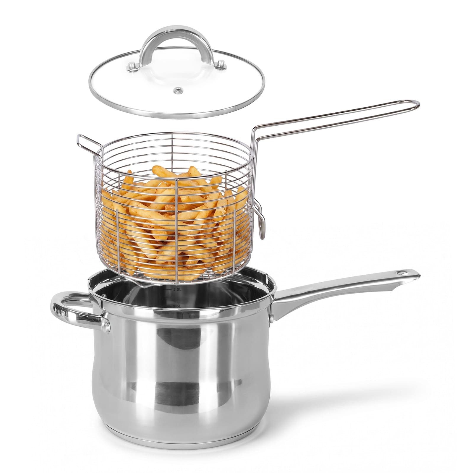 4BIG.fun Kochtopf Frittiertopf 3,5L Edelstahl Frittierkorb Glasdeckel Induktion Frittöse, Edelstahl (Friteuse mit Siebeinsatz und Glasdeckel, Pommestopf), Pommes alle Herdarten
