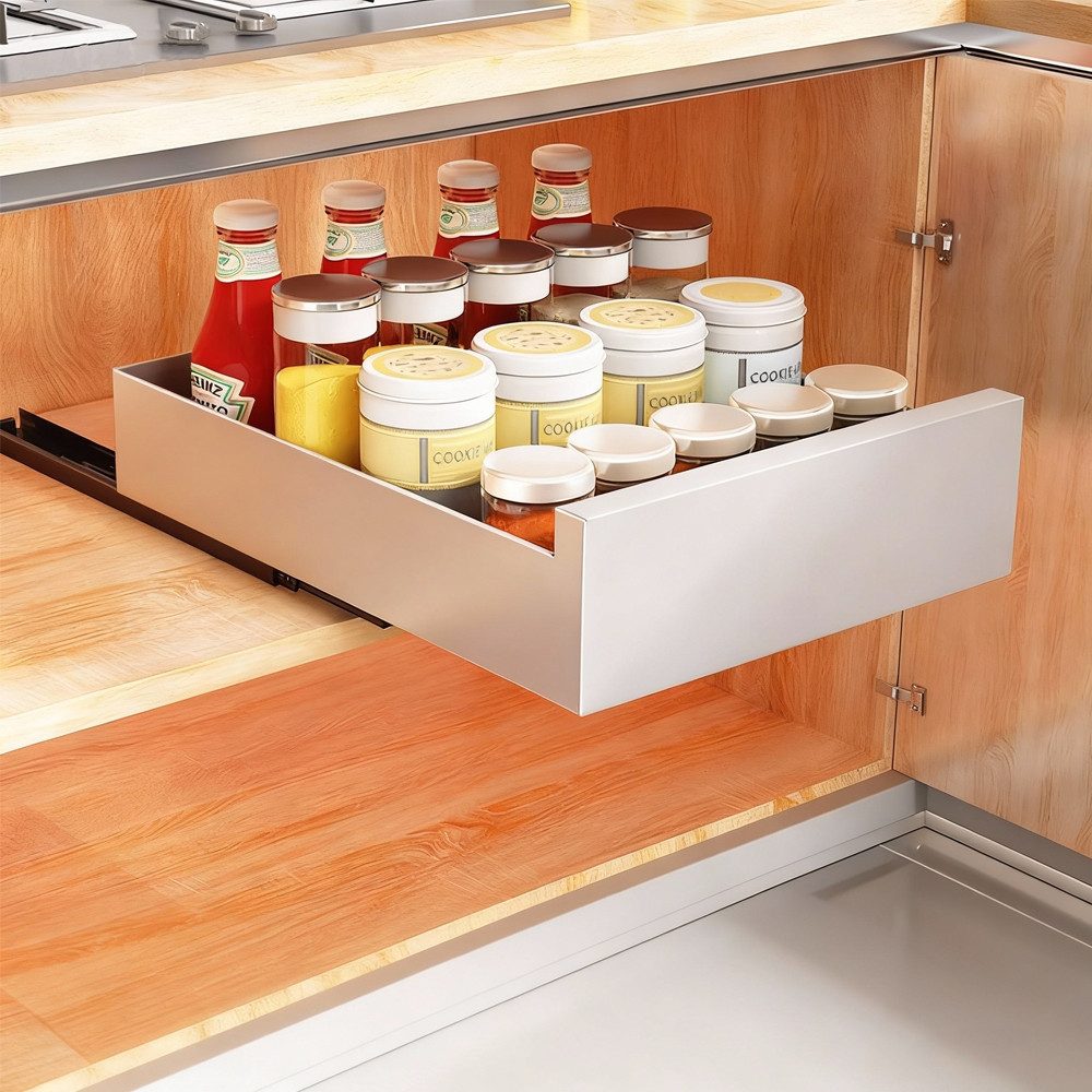 TUWENA Küchenorganizer-Set Ausziehbare Schublade Küche, Teleskopschublade Schrank Organizer, Ausziehbare Schublade (43 x 25/30/35 x 9 cm), Kein Bohren und Nageln