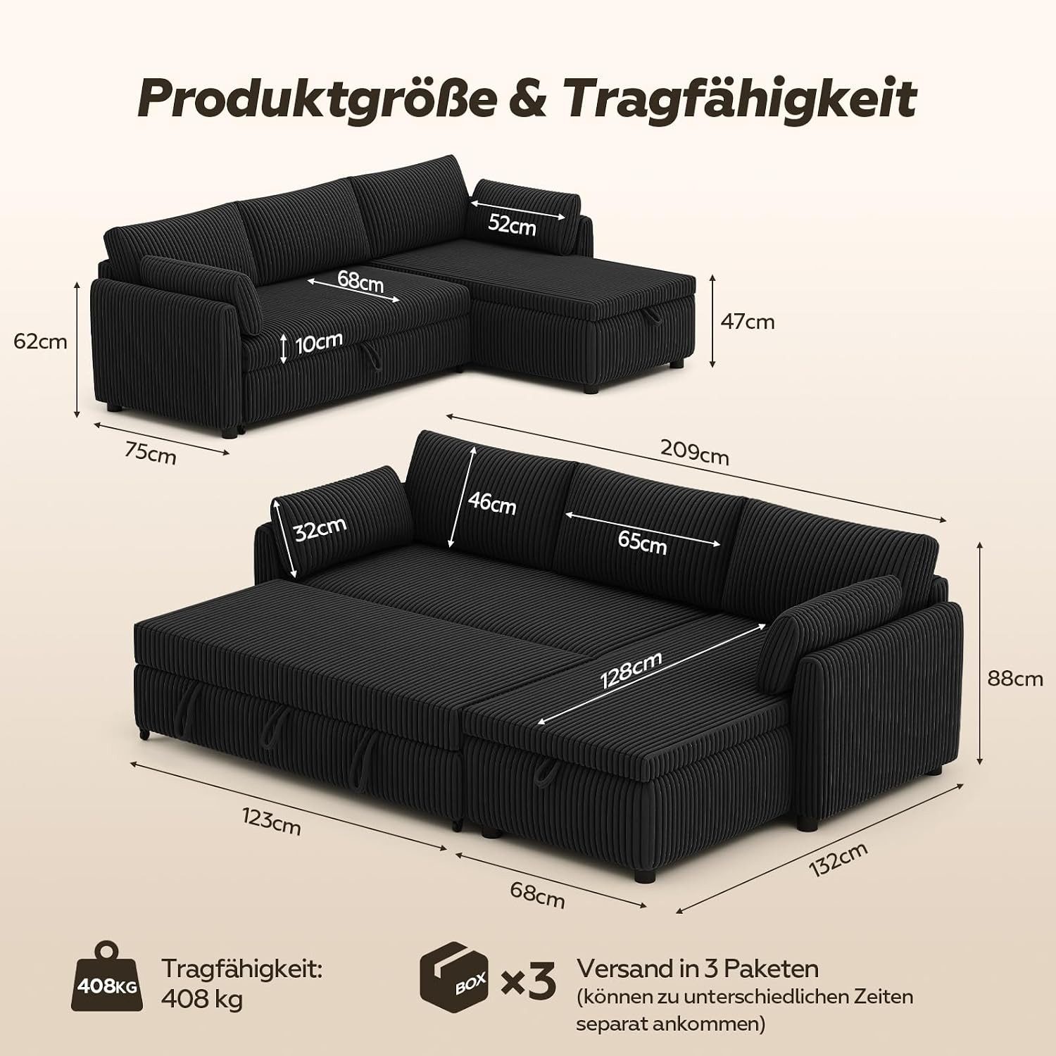 Patbrela Ecksofa mit Schlaffunktion, L-Form Ausziehbares Sofa mit Stauraum, Extra tiefe Sitzfläche; Links/Rechts montierbare Ottomane