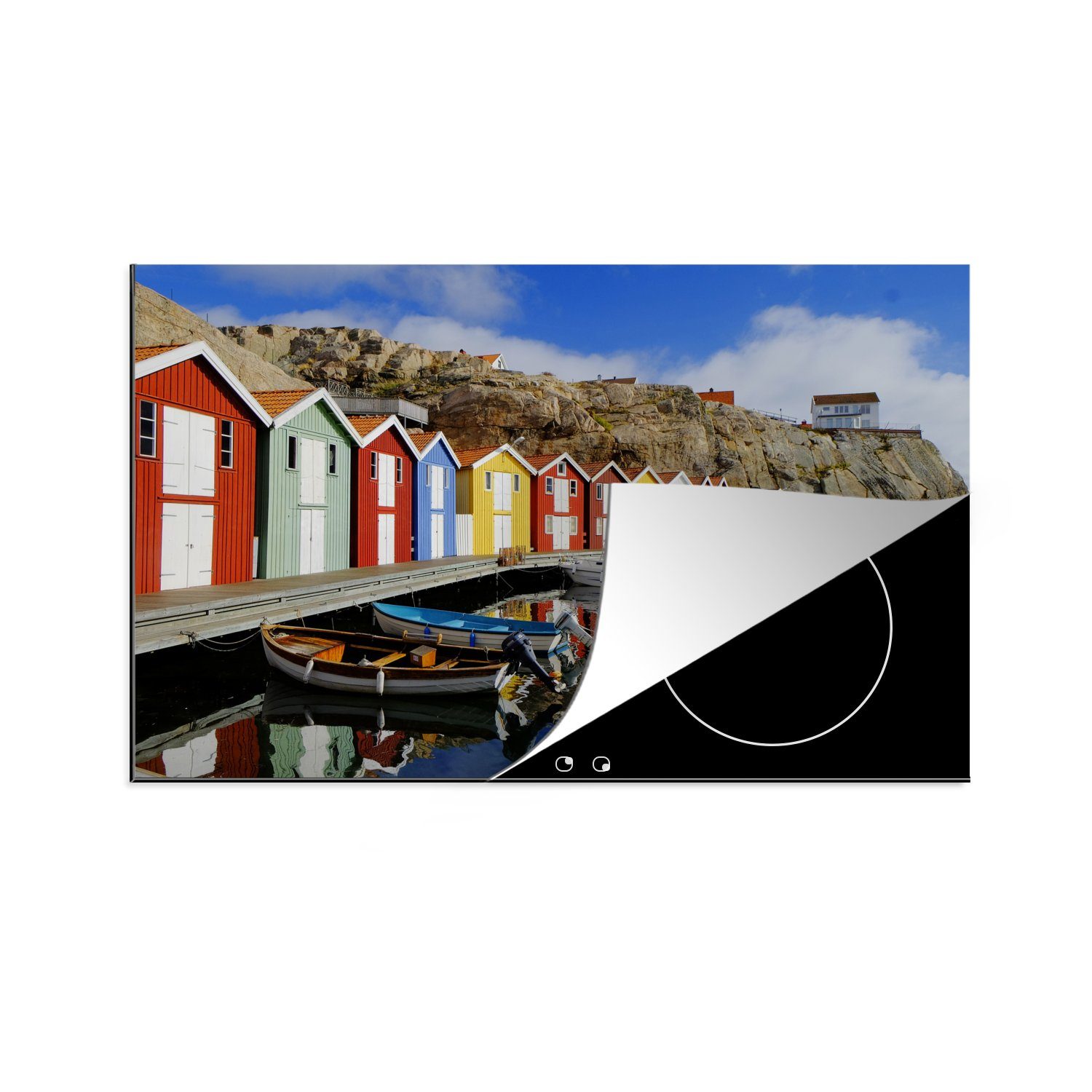 MuchoWow Herdblende-/Abdeckplatte Fischerhäuser im bunten skandinavischen Stil, Vinyl, (1 tlg), 81x52 cm, Induktionskochfeld Schutz für die küche, Ceranfeldabdeckung