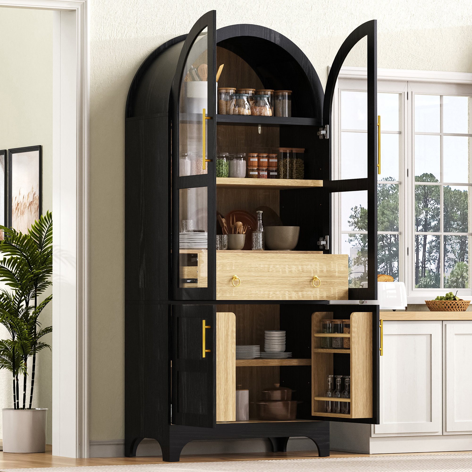 Odikalo Vitrine Hochschrank mit Glastüren verstellbaren Regalböden Schublade (Highboard mit verstellbaren Regalböden und Schublade, Küchenschrank mit Riffelglas und großem Stauraum, Ideal für Esszimmer, Wohnzimmer und Küche Weiß/Schwarz)